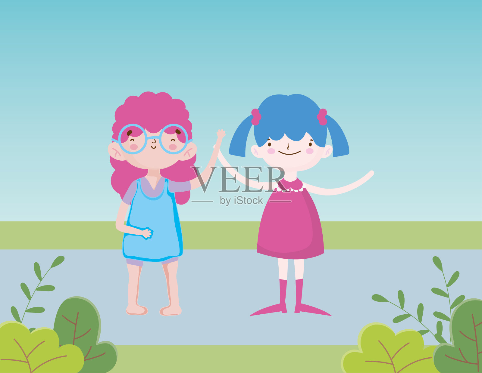 儿童节快乐小女孩们在路上挥舞着双手树叶插画图片素材