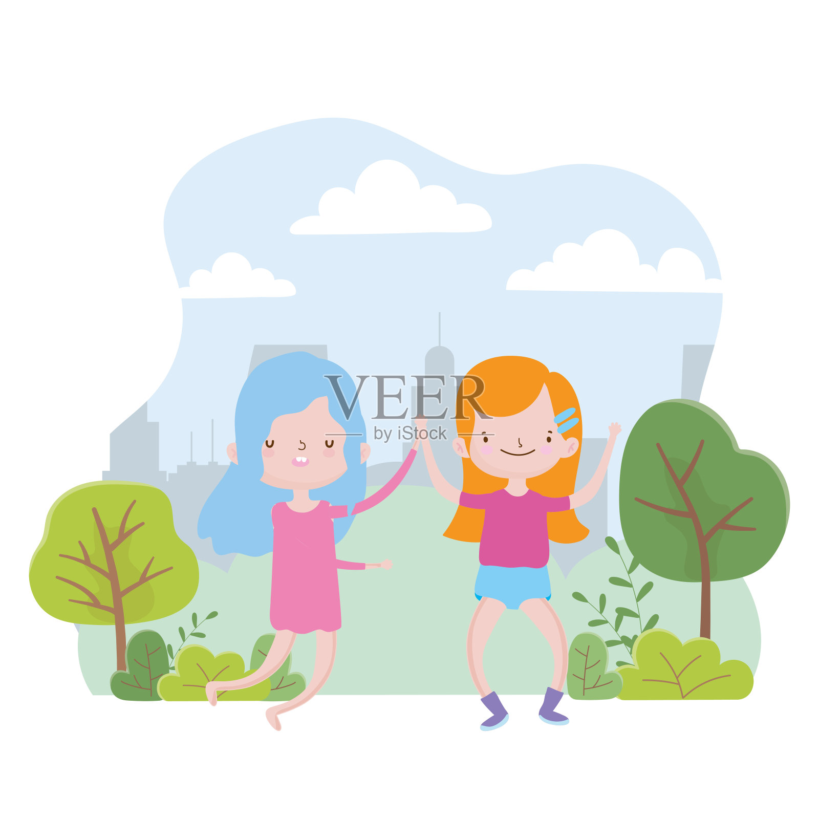 在公园小镇庆祝儿童节的小女孩们快乐插画图片素材