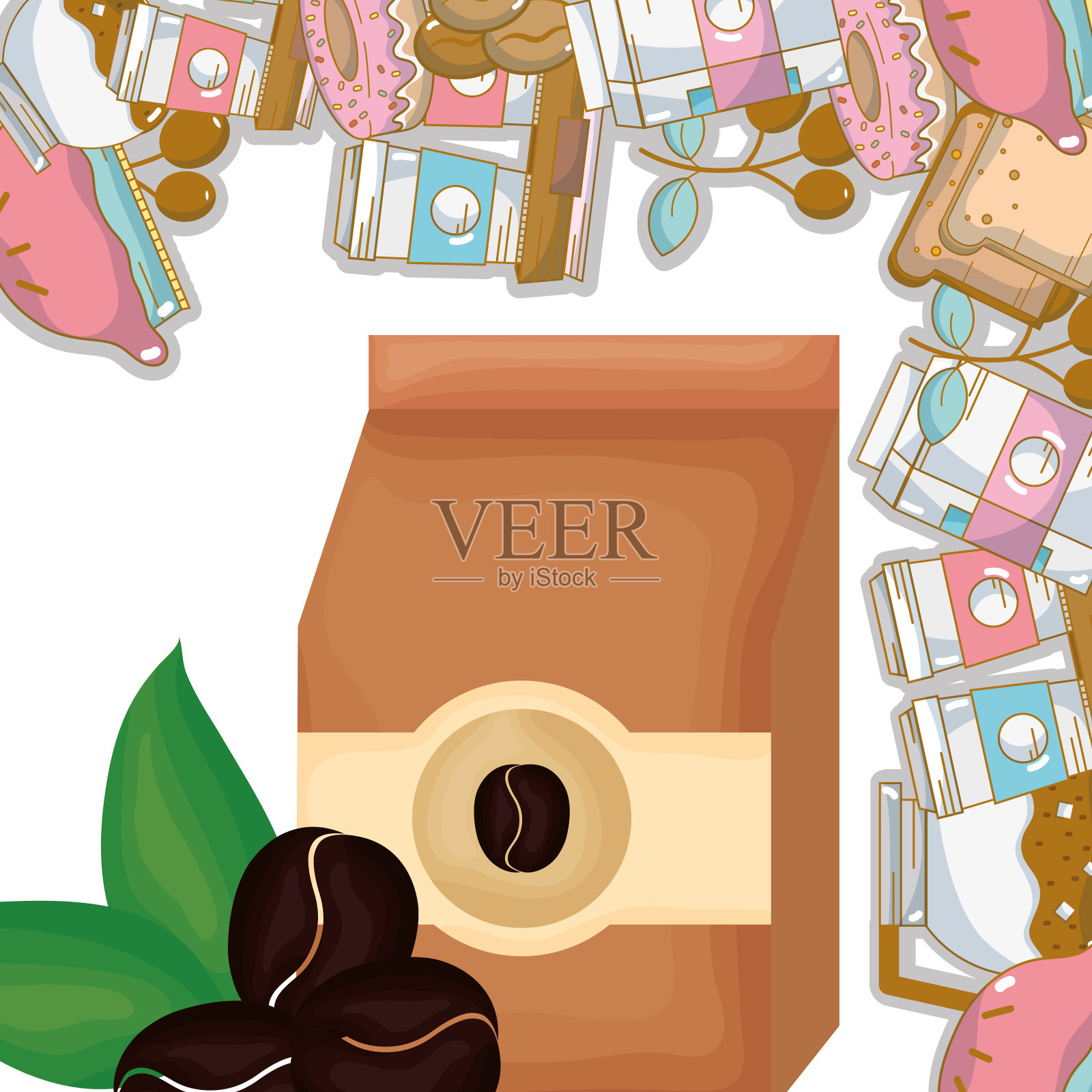 纸袋和种子烘焙产品新鲜饮料咖啡时间插画图片素材