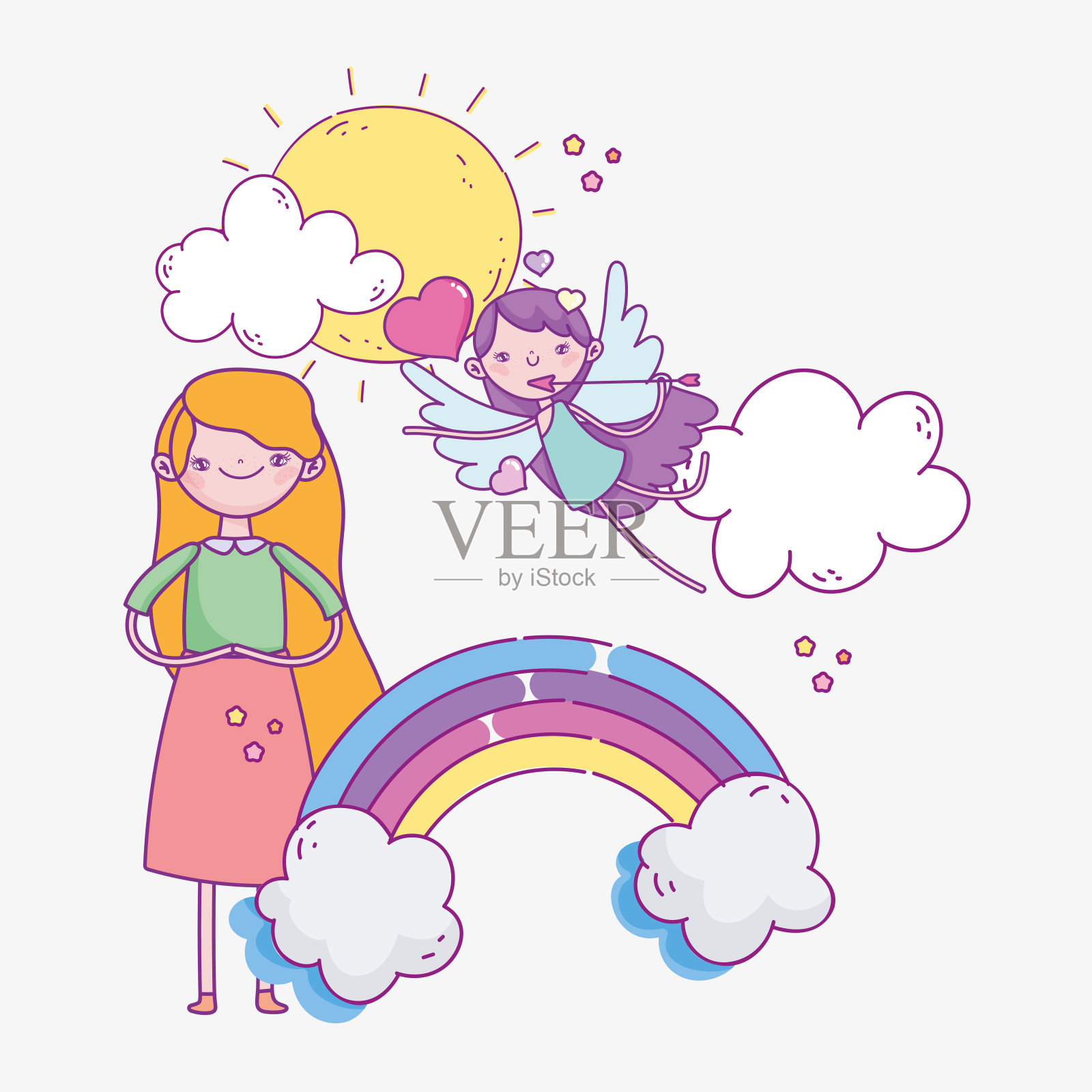 情人节快乐，可爱的女孩，带着箭和心飞翔的丘比特插画图片素材
