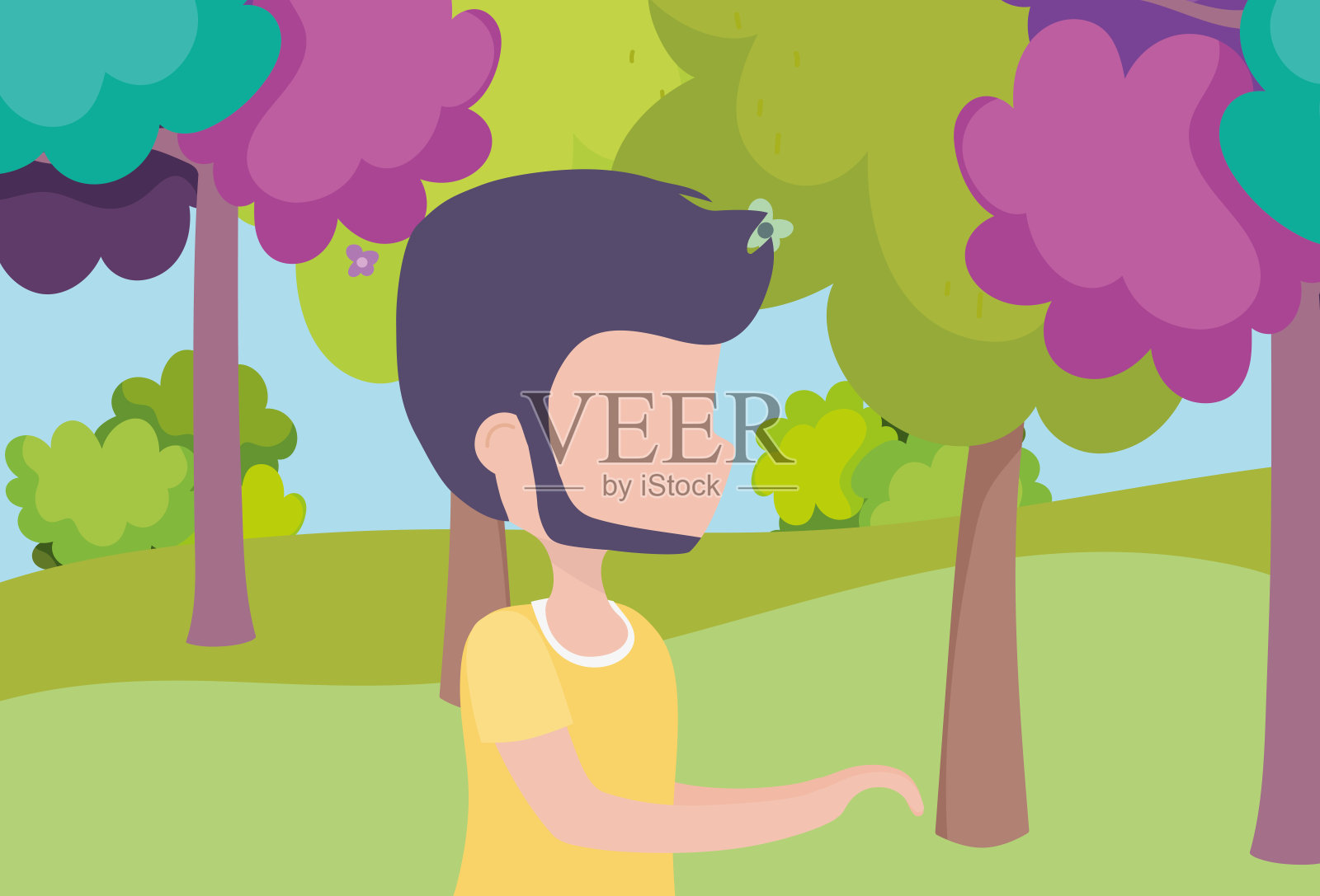 年轻人森林树木树叶卡通插画图片素材