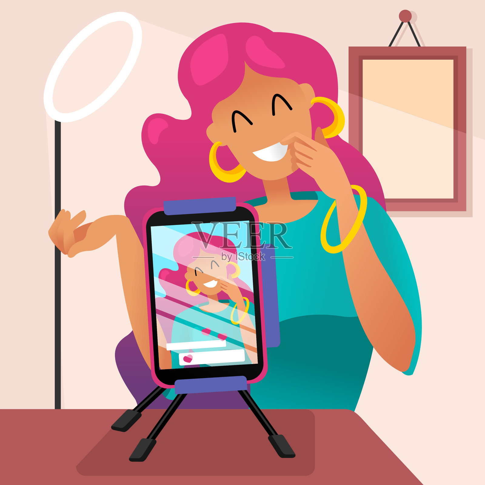 卡通色彩人物女性播客博客概念。向量插画图片素材