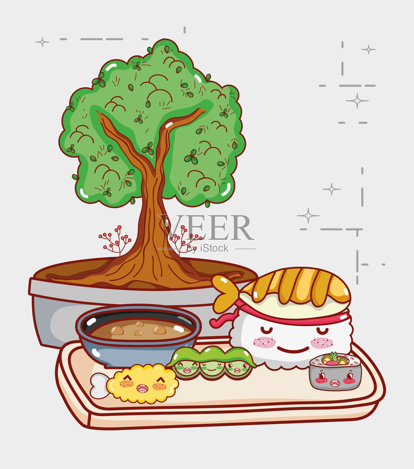 卡哇伊寿司、豌豆天妇罗、盆栽盆景、日本卡通寿司和寿司卷插画图片素材