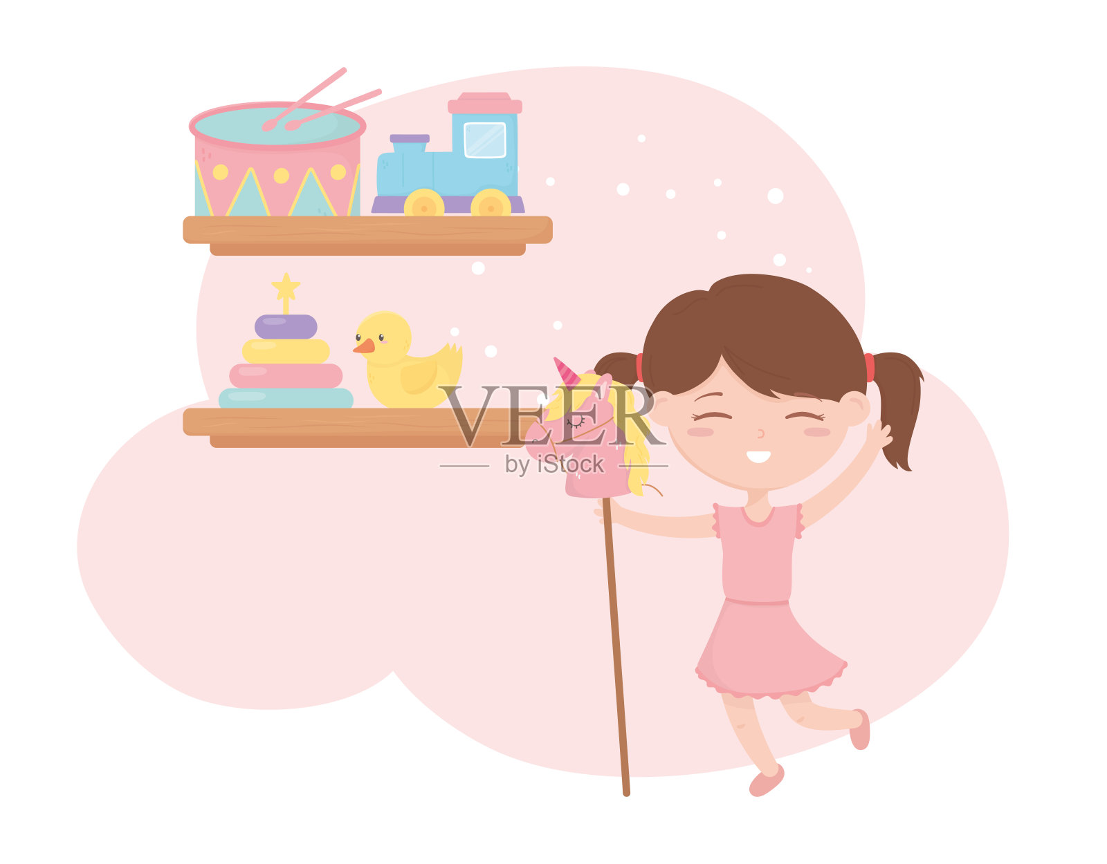 儿童区，可爱的小女孩马棍和架子上的玩具插画图片素材