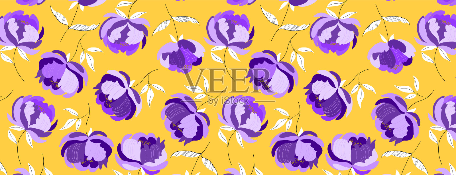 大紫花图案。芥末黄色背景。手绘现代插画大花与白色的叶子在一个纯色。无缝织物，网页，应用程序，文具图案。插画图片素材