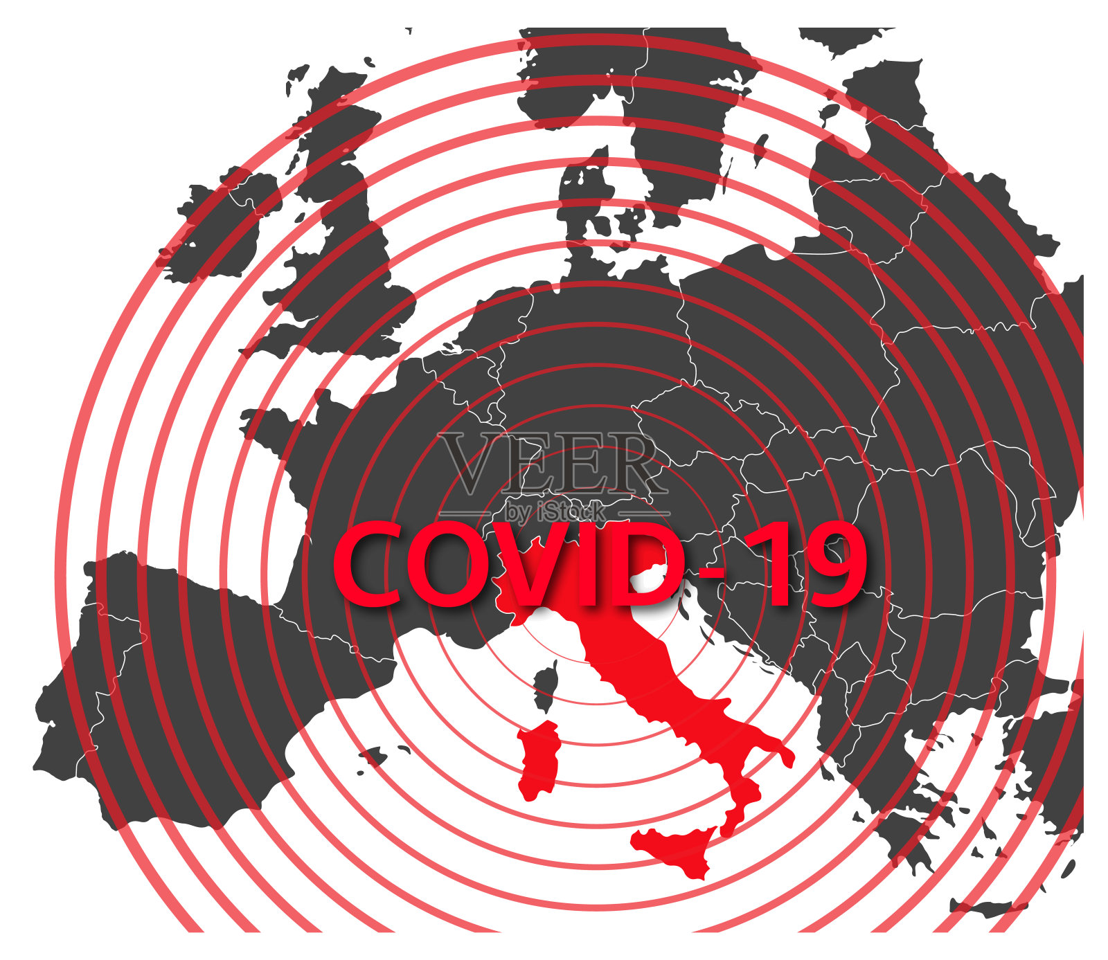 意大利地图简单插图与冠状病毒carantine, covid-19, 2019-nCoV，冠状病毒大流行的震中，媒介插图插画图片素材