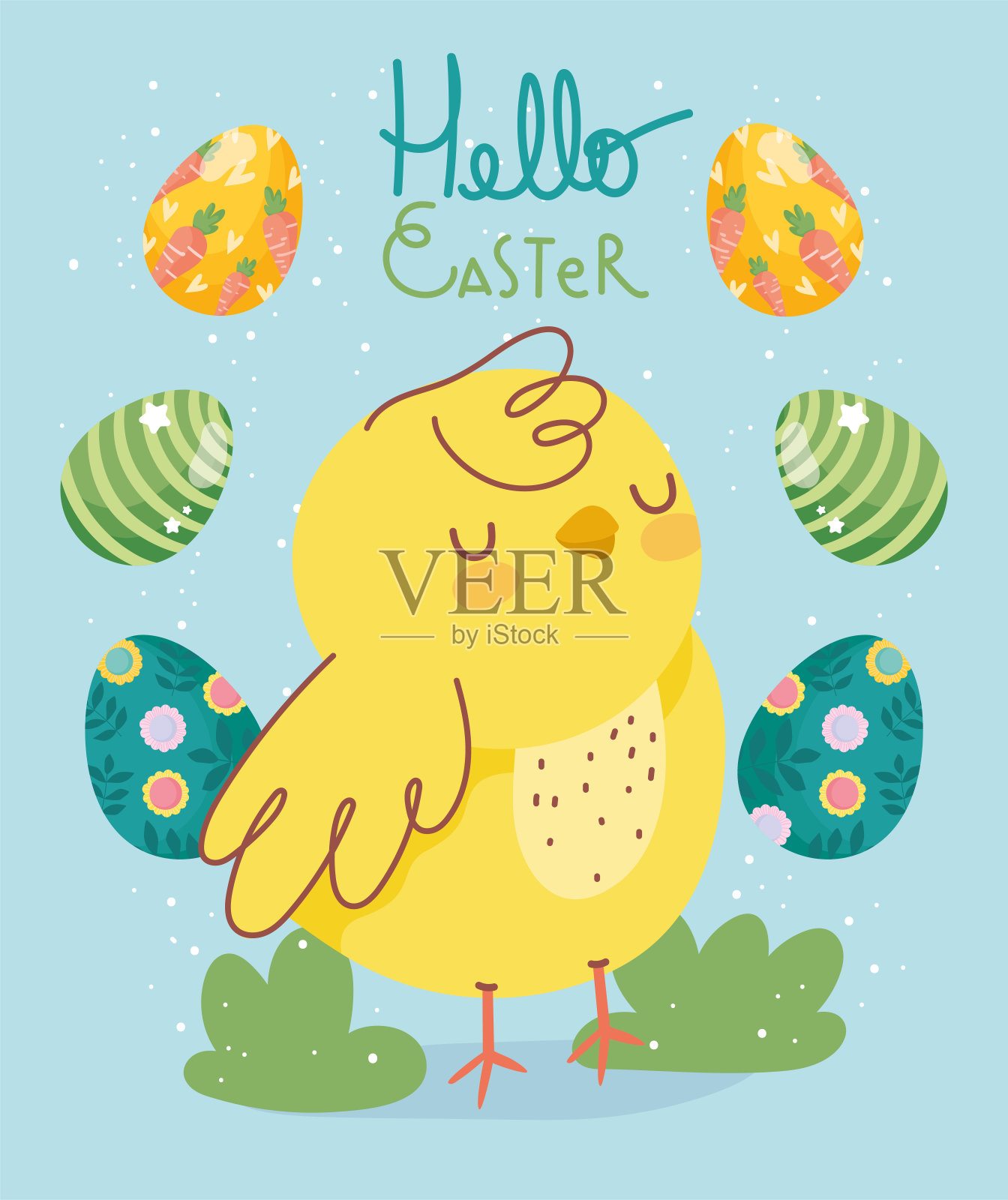 复活节快乐可爱的鸡和装饰蛋装饰庆祝插画图片素材