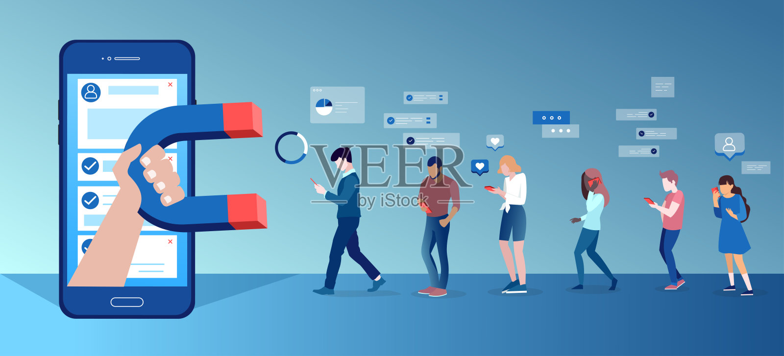 被社交媒体应用平台所吸引的一组使用移动设备交流的人的矢量插画图片素材