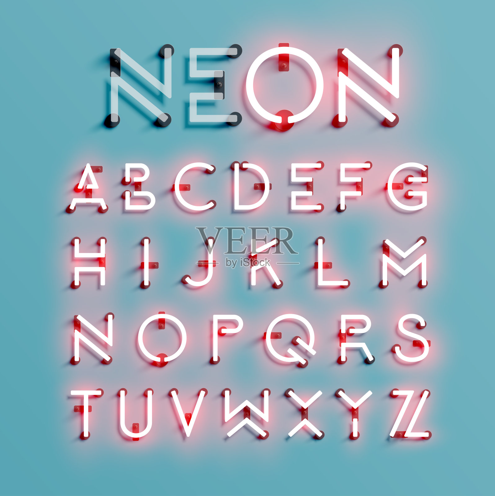 现实霓虹字符集，矢量插图插画图片素材