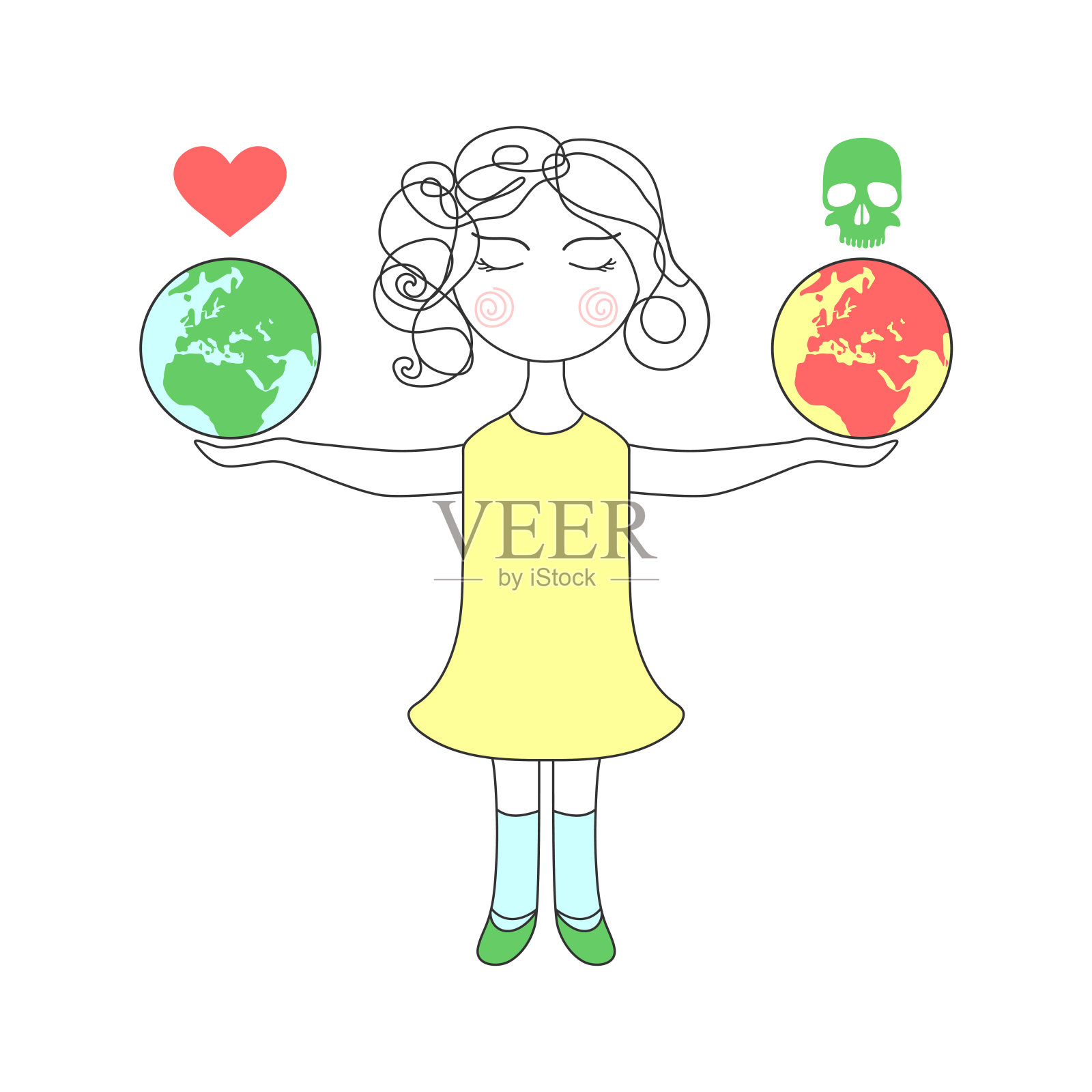 女孩捧着地球:一手捧着健康的地球，另一手捧着有病的地球，矢量插画图片素材