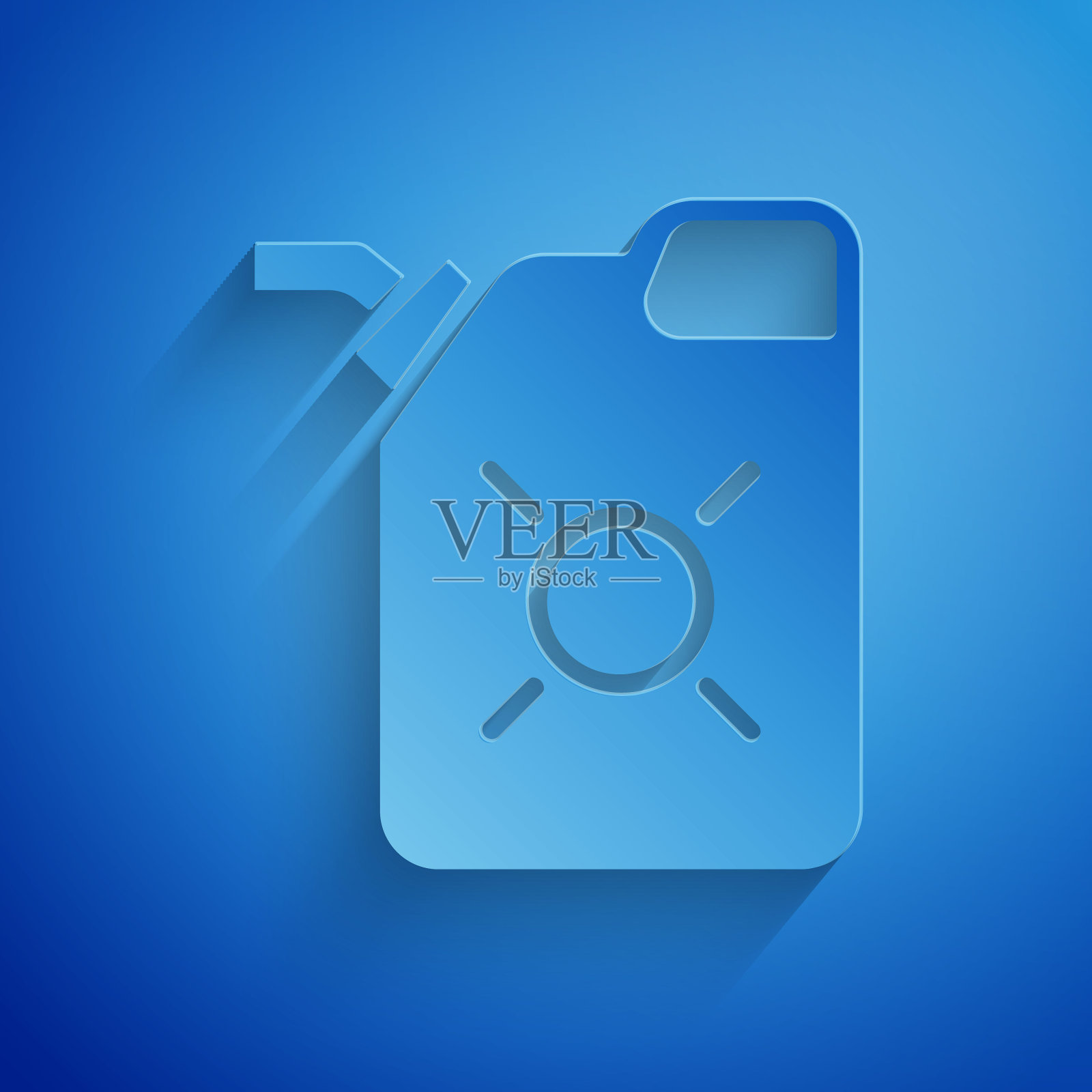 用于电机机油图标的容器，隔离在蓝色背景上。油价每加仑。换油服务和维修。机油的迹象。纸艺术风格。矢量图图标素材