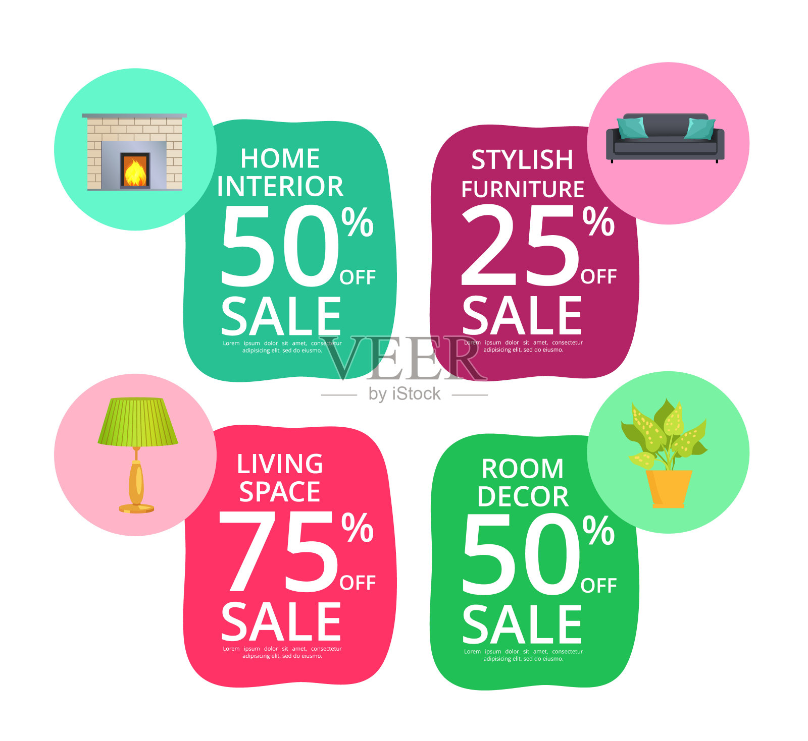 时尚家居内饰元素销售贴纸集插画图片素材