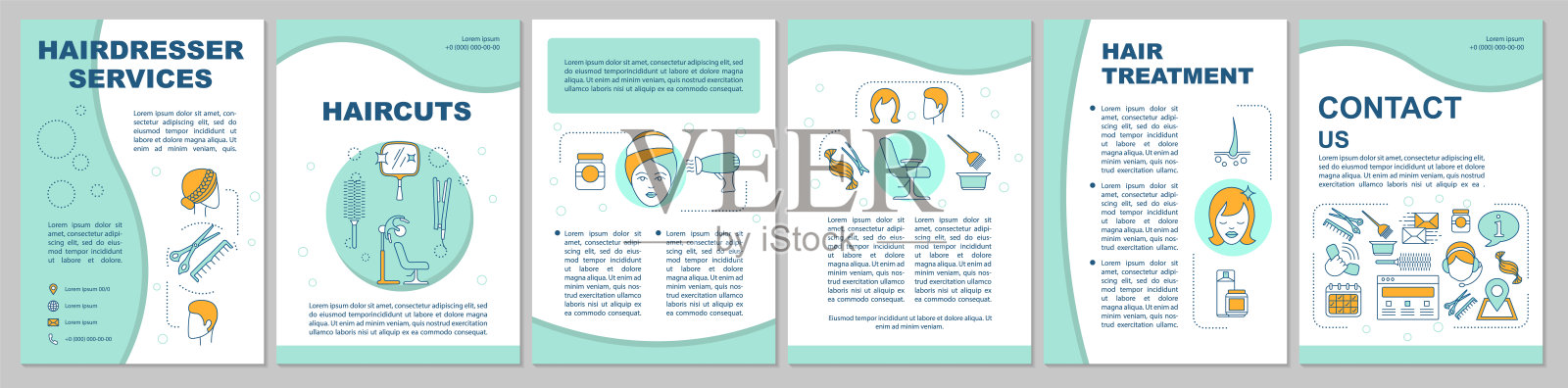 美发师服务手册模板布局。头发造型传单，小册子，传单印刷设计与线性插图。矢量页面布局杂志，年度报告，广告海报设计模板素材