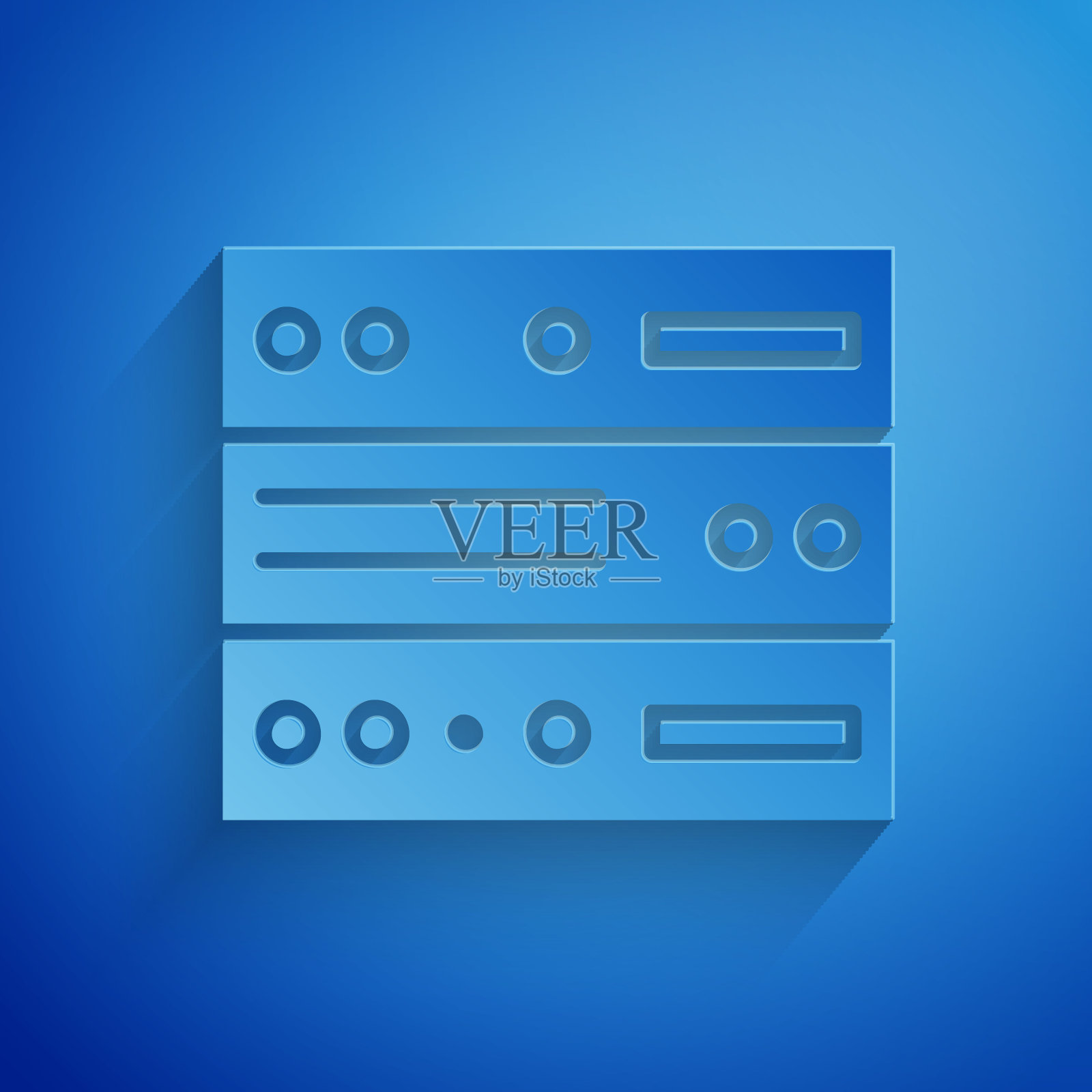 剪纸服务器，数据，Web主机图标隔离在蓝色背景。纸艺术风格。矢量图插画图片素材