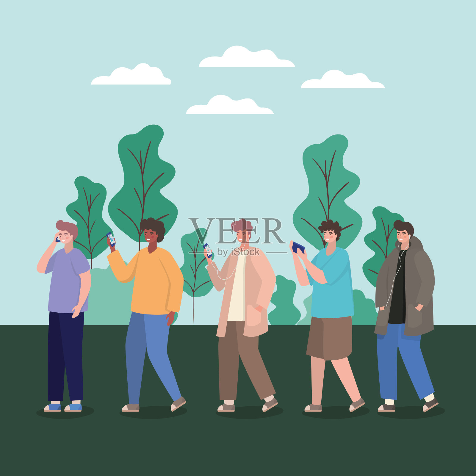 带着智能手机的男孩在公园矢量设计插画图片素材