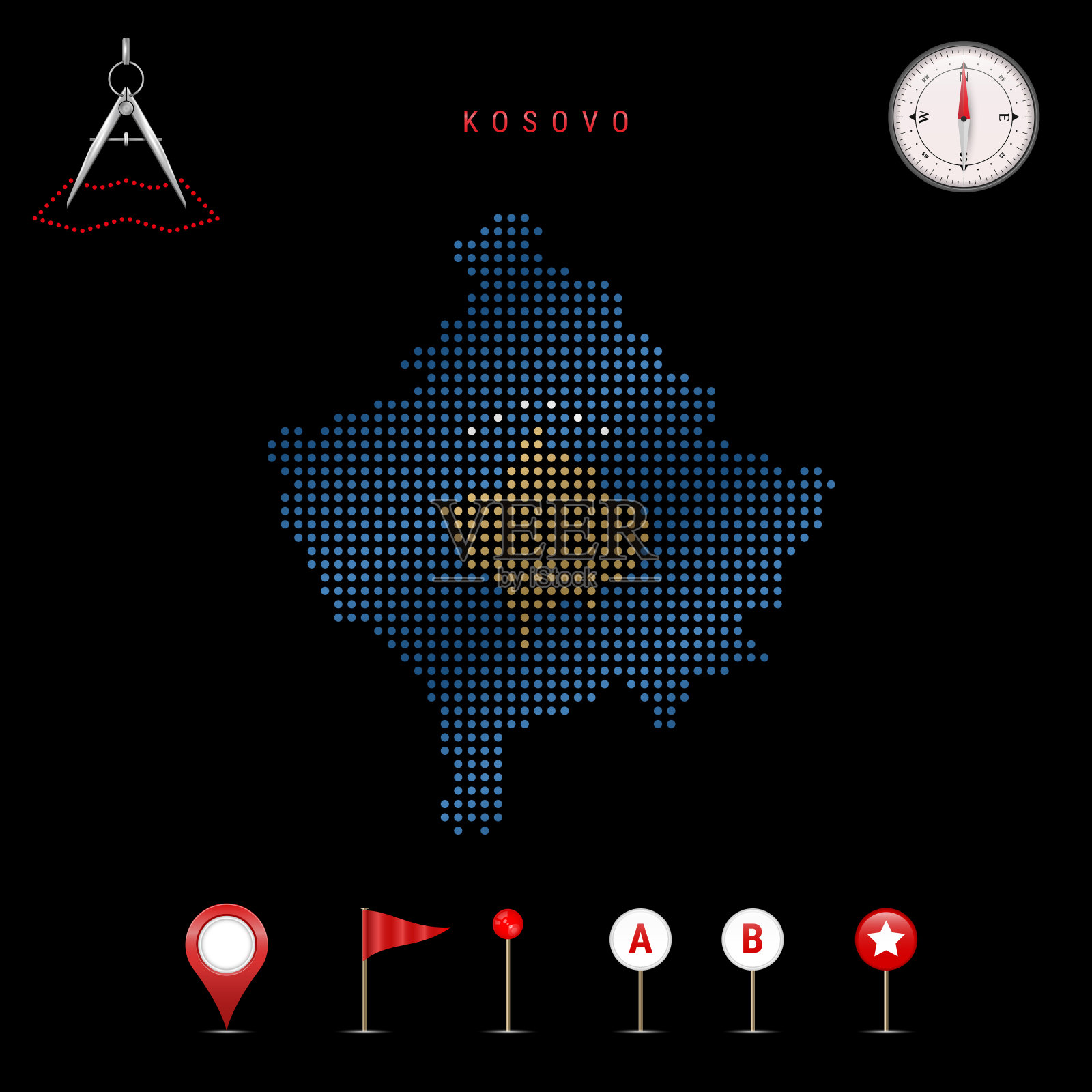 用国旗颜色绘制的科索沃矢量图。挥舞着国旗的效果。地图工具图标集插画图片素材