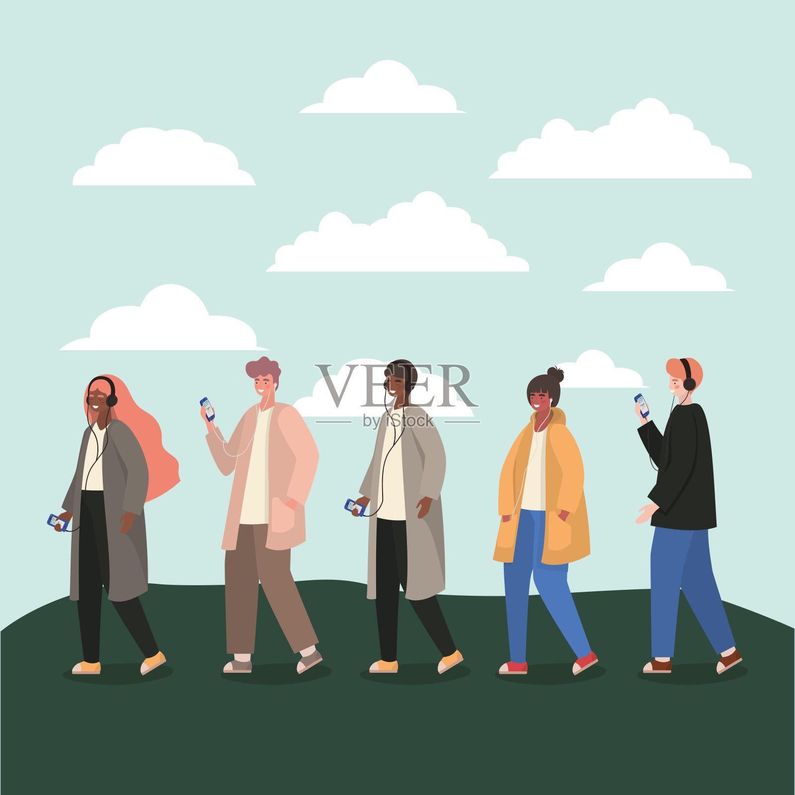 女孩和男孩用智能手机和云矢量设计插画图片素材