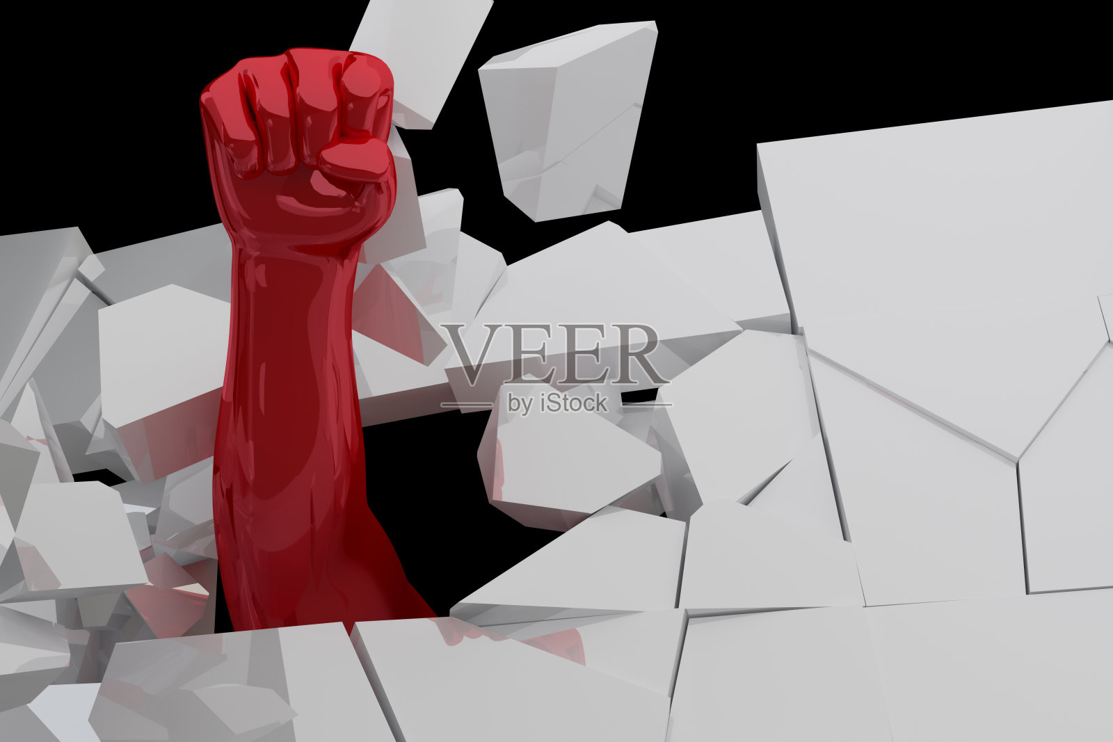 通过3D渲染的一个拳头突破障碍的插图照片摄影图片