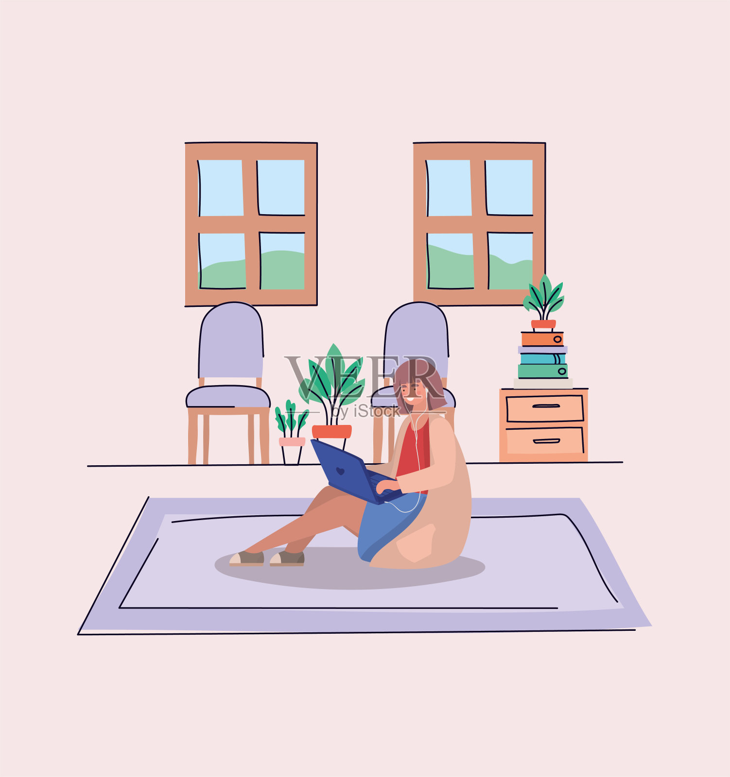 女孩用笔记本电脑在家矢量设计插画图片素材