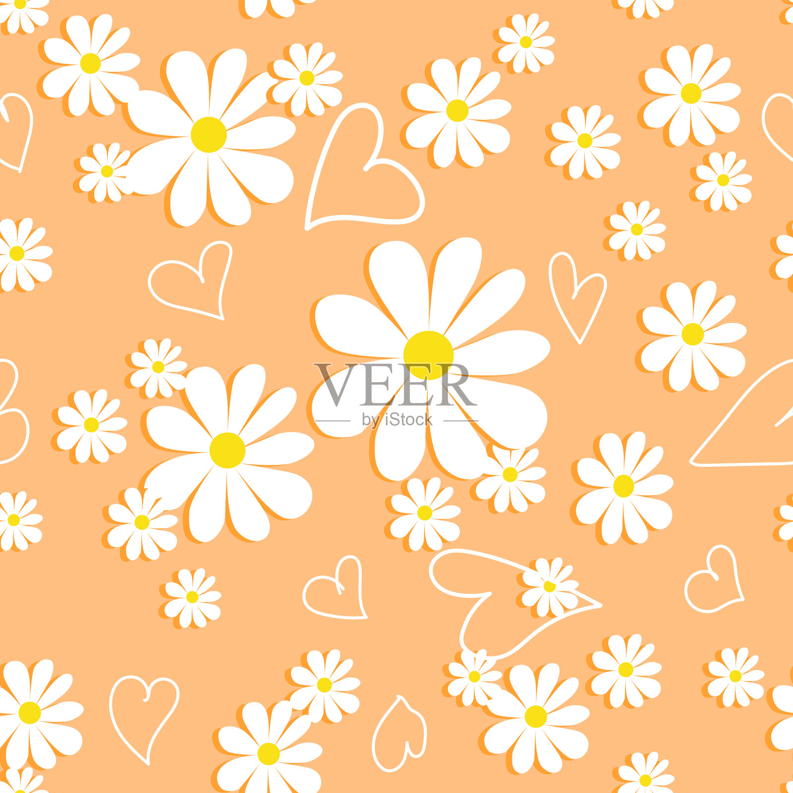 向量浪漫的背景图画，带有平坦的雏菊。插画图片素材