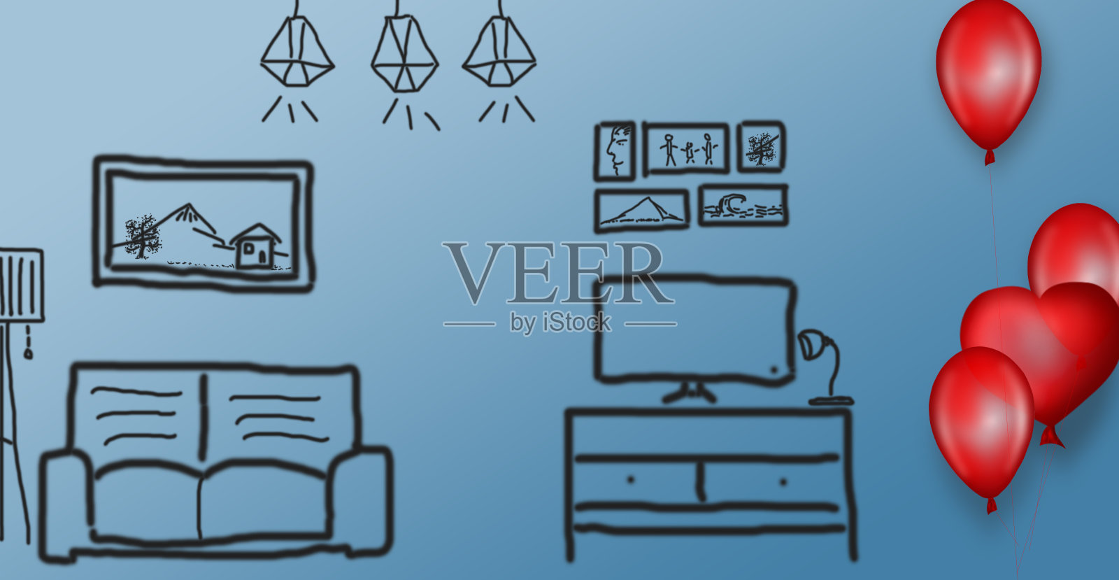 手绘的公寓，墙上画的家照片摄影图片