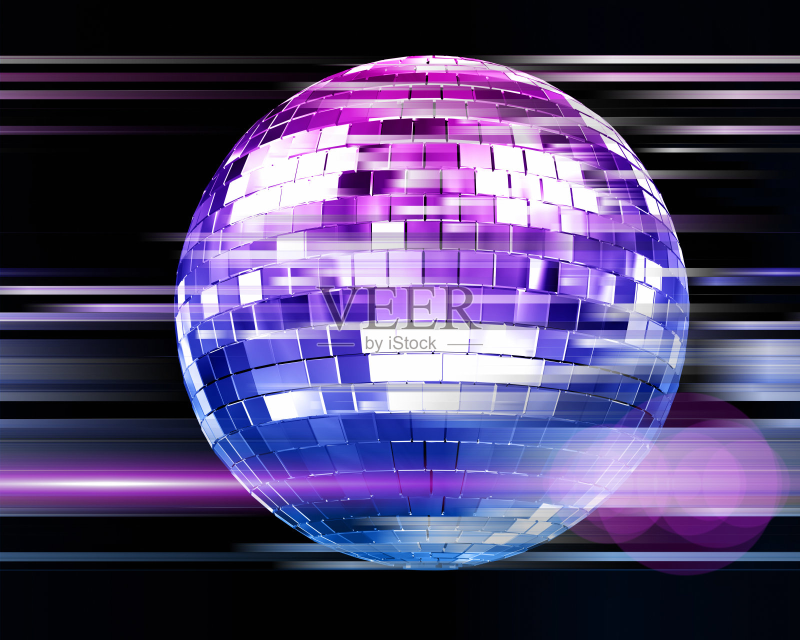 抽象的3d插图与颜色迪斯科球和颜色模糊的线在黑色的背景。照片摄影图片