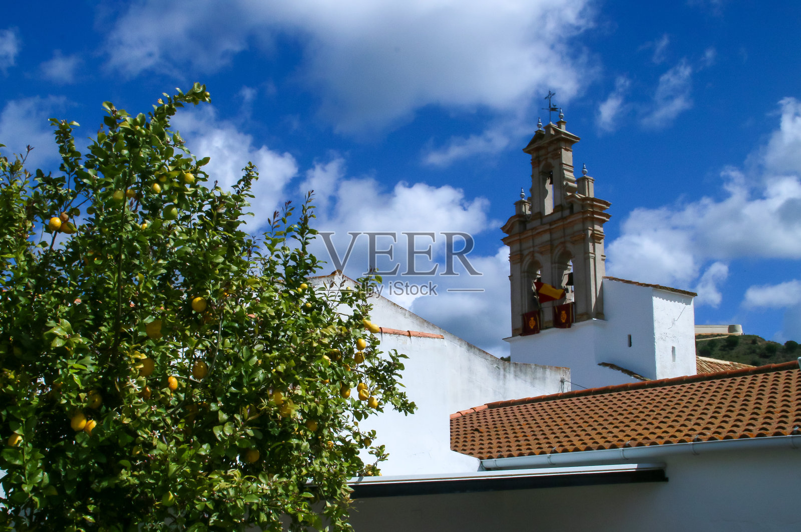 安达卢西亚小镇的钟楼和柠檬树。照片摄影图片