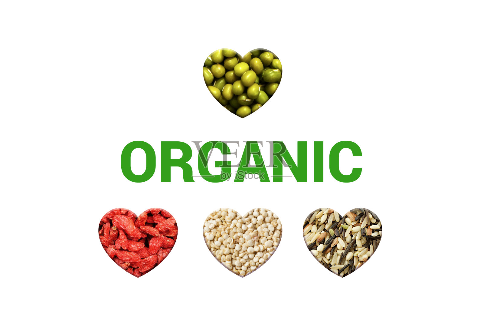 绿色有机文字和四个心形与绿色绿豆，白藜麦谷物，干枸杞浆果和混合菰米照片摄影图片
