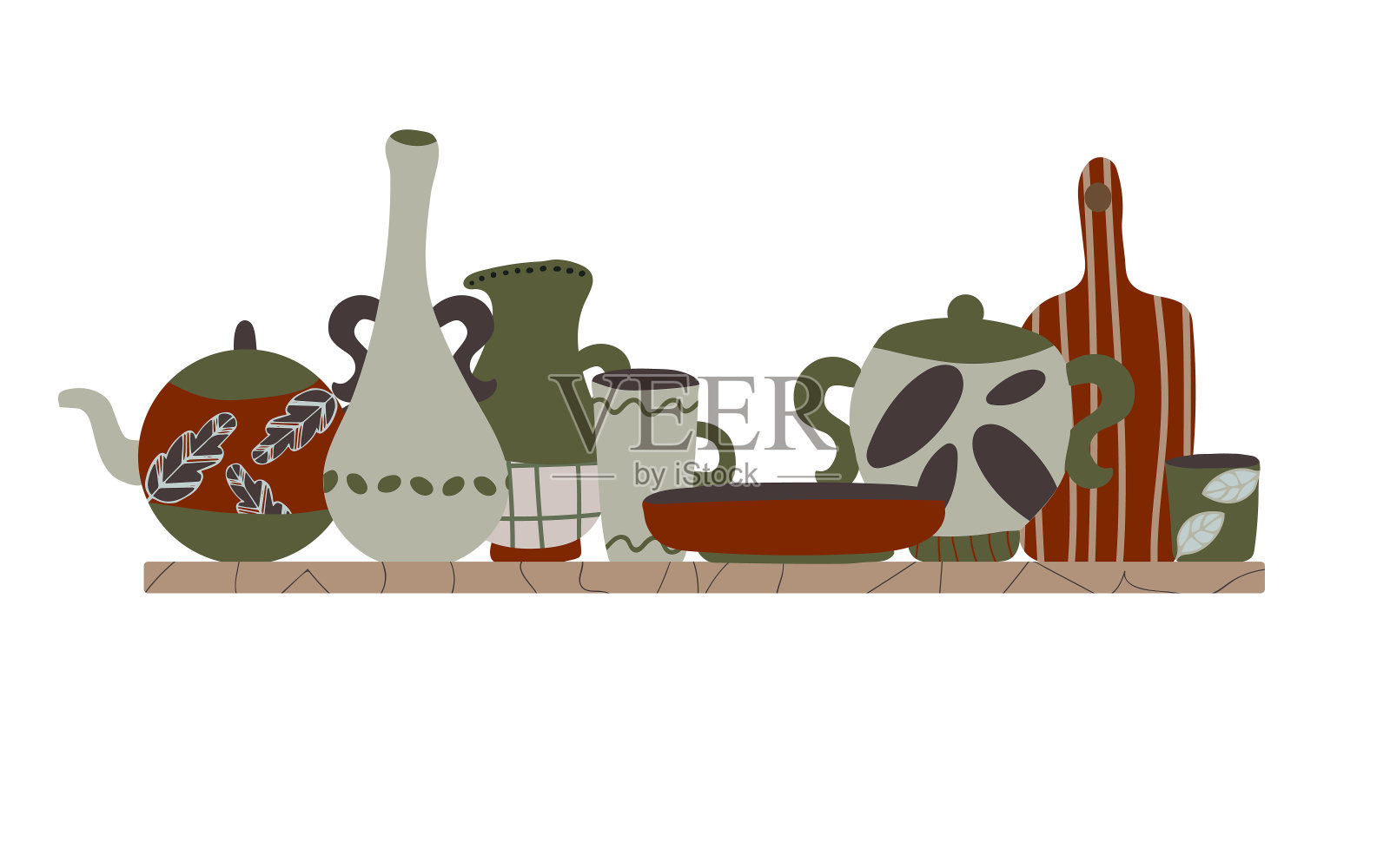 手工制作的陶器矢量背景为家庭和餐厅，手工制作的商店。陶瓷或陶瓷横幅来宣传你的工作室。手绘平面墙纸。插画图片素材