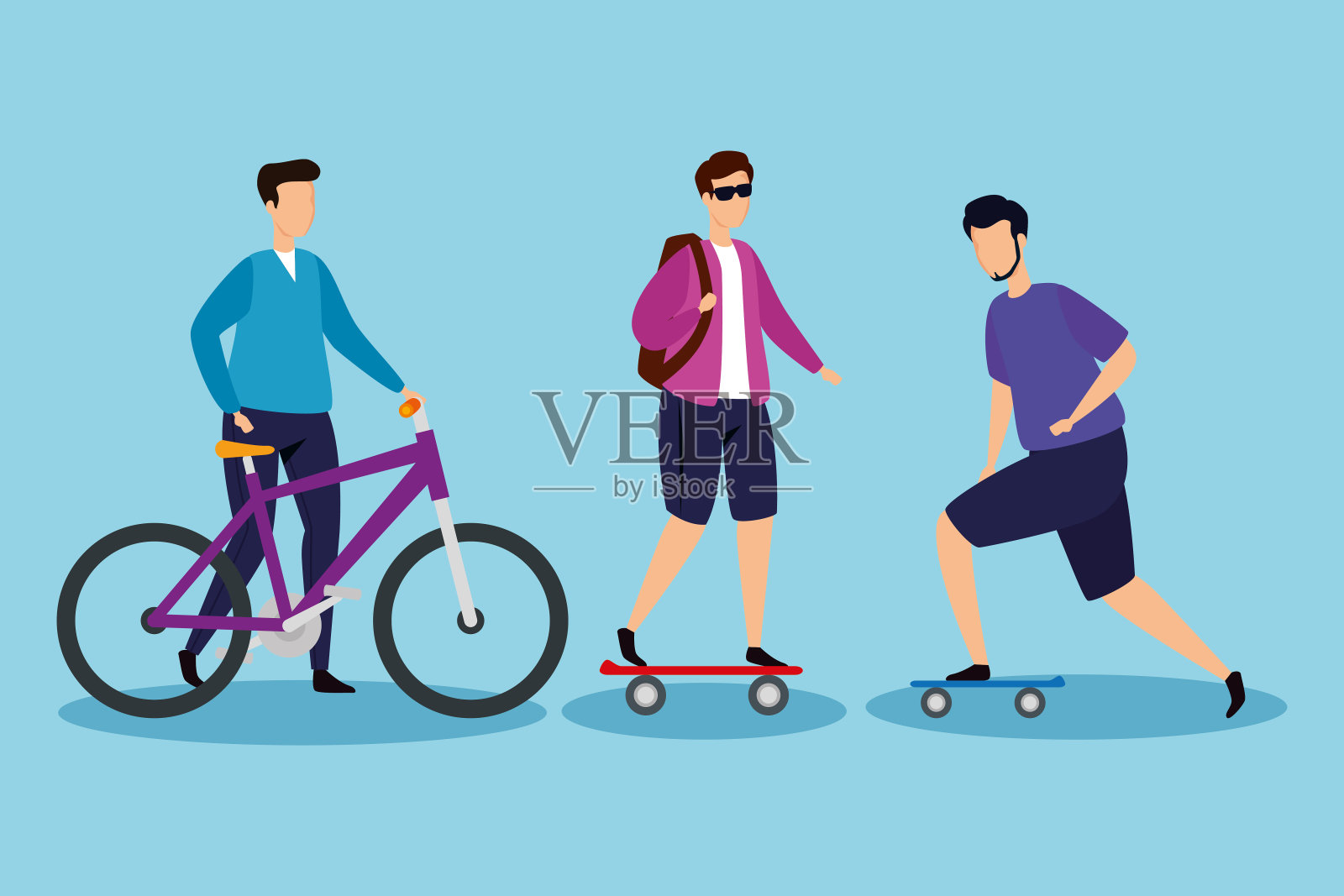 有自行车和滑板的年轻人插画图片素材
