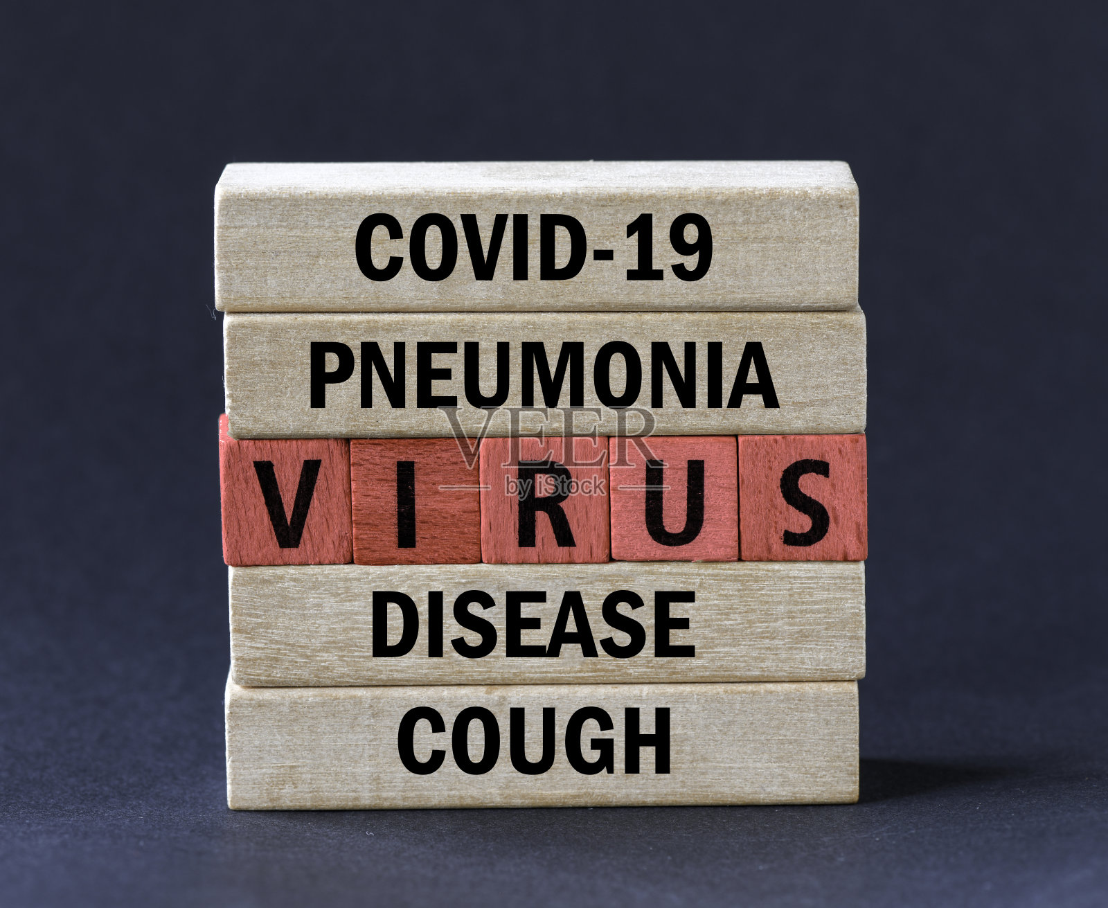 病毒。“病毒”这个词是用黑色背景上的木头字母写的照片摄影图片