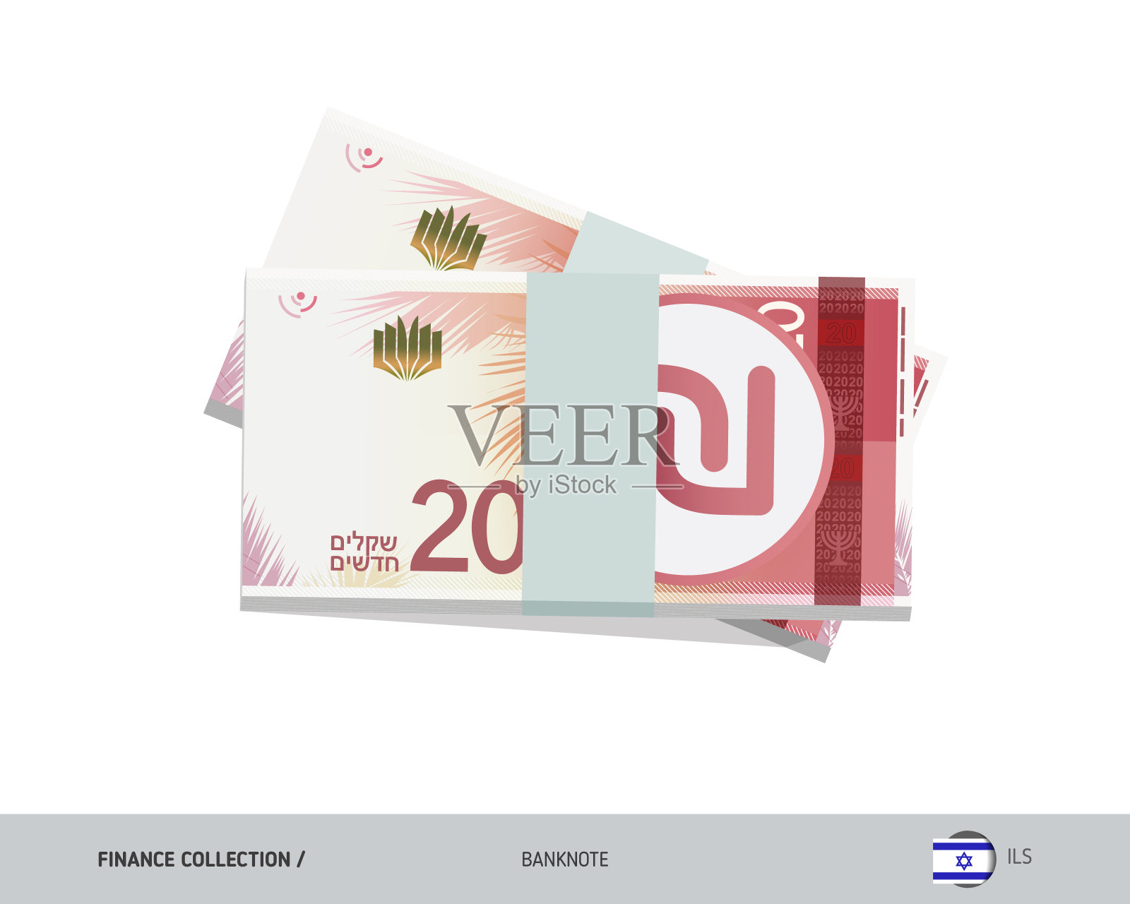 20张以色列新谢克尔纸币。一捆钱。平面风格矢量插图。插画图片素材