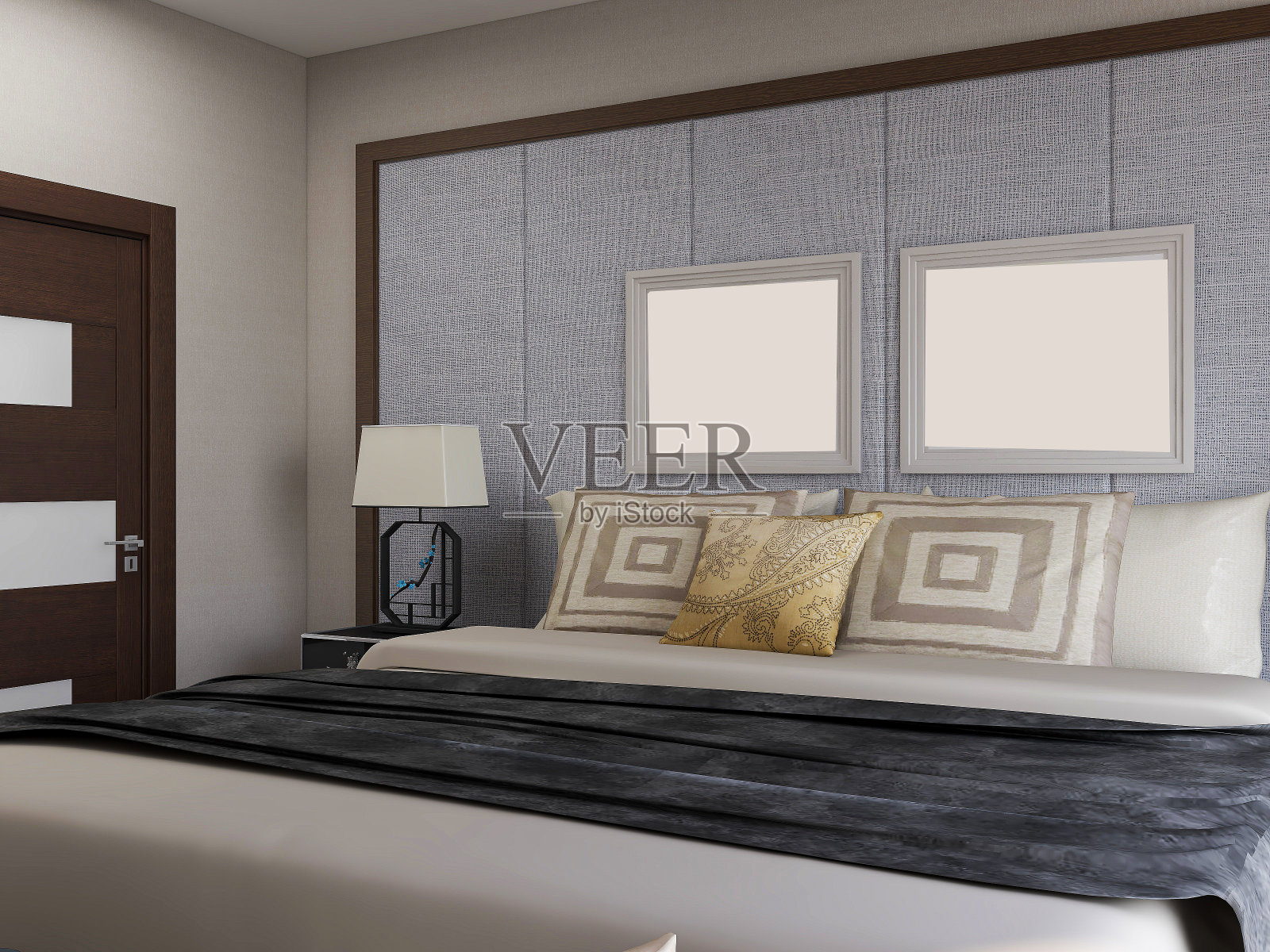 3D渲染，现代设计的卧室配有电视，绿色植物和各种装饰照片摄影图片