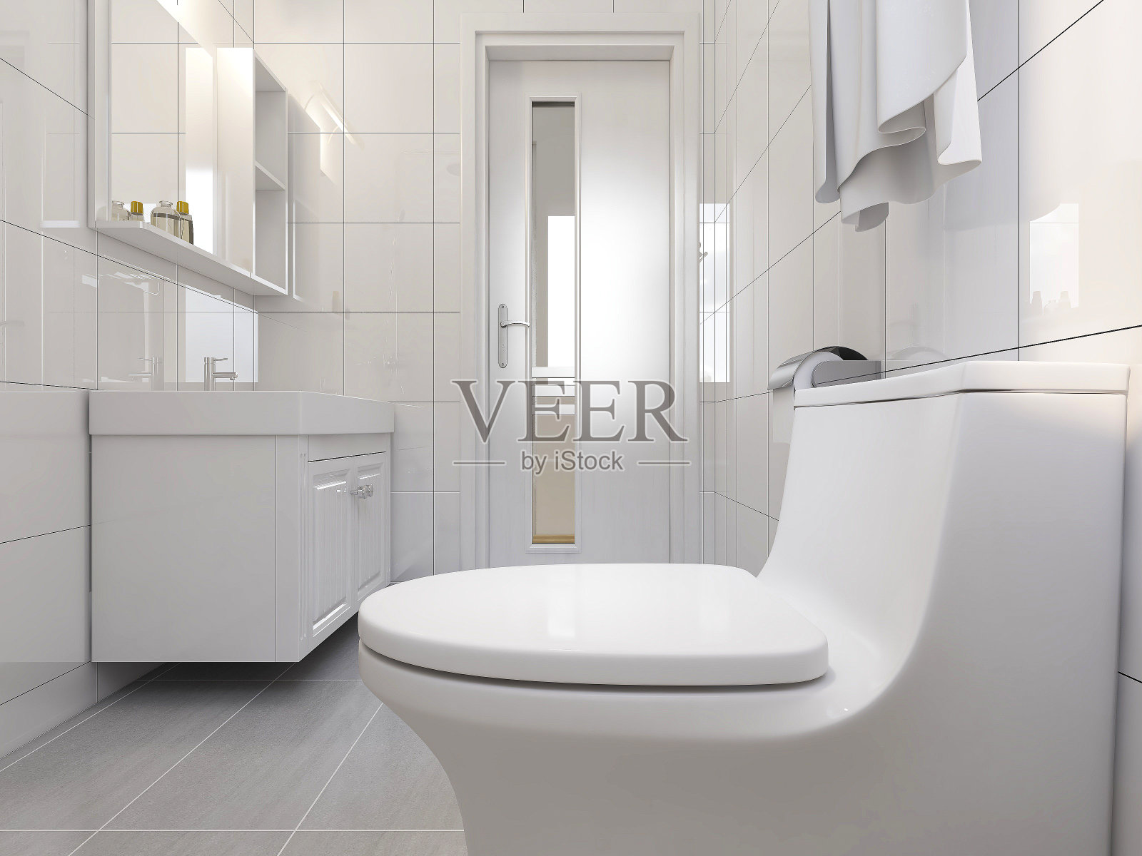 3D渲染，现代设计的干净整洁的马桶，里面有马桶和水槽，干净整洁照片摄影图片