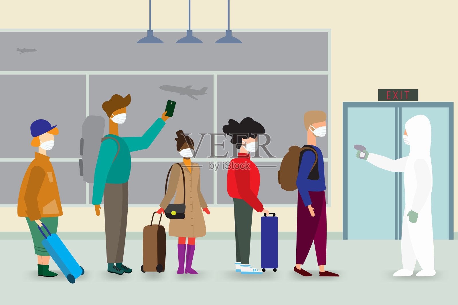 佩戴医用防护口罩的旅客在机场接受热检查。插画图片素材