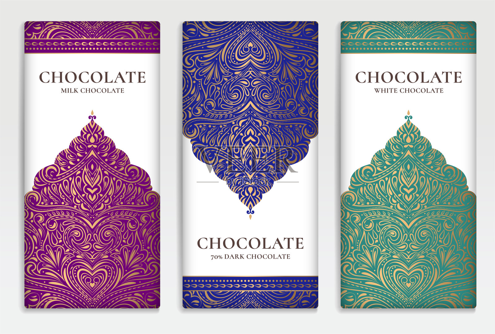 五彩缤纷的巧克力包装设计。复古矢量装饰模板。优雅,经典的元素。非常适合食品，饮料和其他包装类型。可用于背景和壁纸。插画图片素材