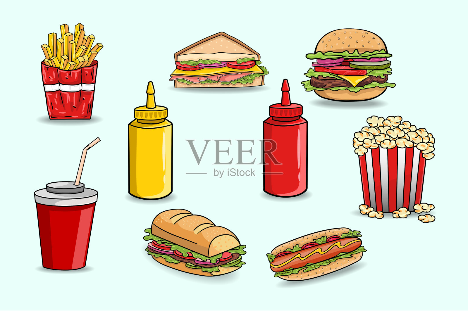套餐快餐，矢量速写手绘快餐元素，矢量设计插画;插画图片素材