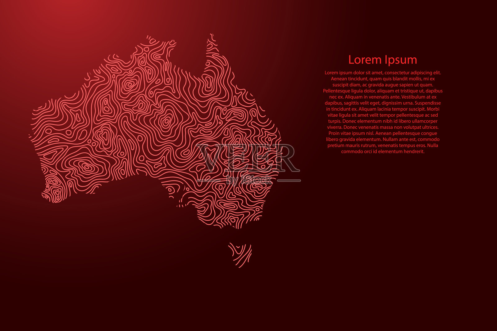 澳大利亚地图由红色等值线或等值线地理地形图网格。矢量插图。插画图片素材