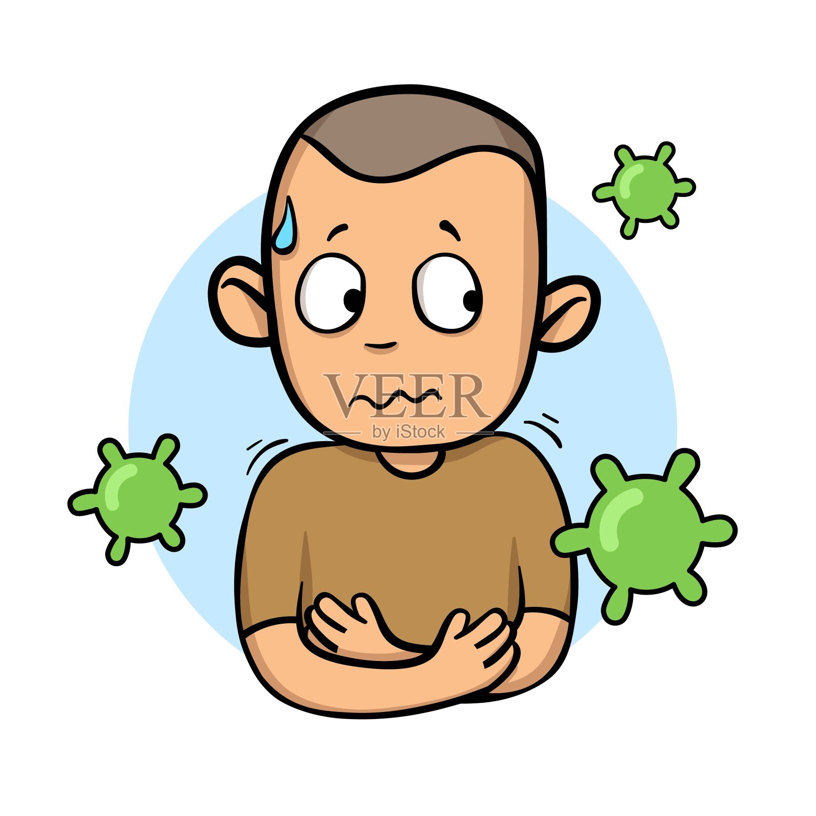 生病的男孩手放在肚子上病毒到处飞。冠状病毒预防，世界隔离。卡通设计图标。彩色的平面矢量插图，孤立。插画图片素材