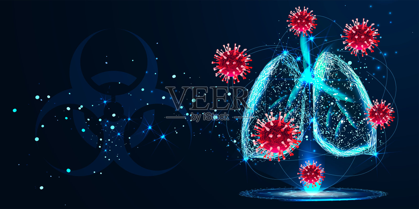 covid - 2019。冠状病毒的全息图在蓝色的未来主义背景下。致命病毒类型2019-nCoV。3 d模型。呼吸系统。低聚线框风格。向量插画图片素材