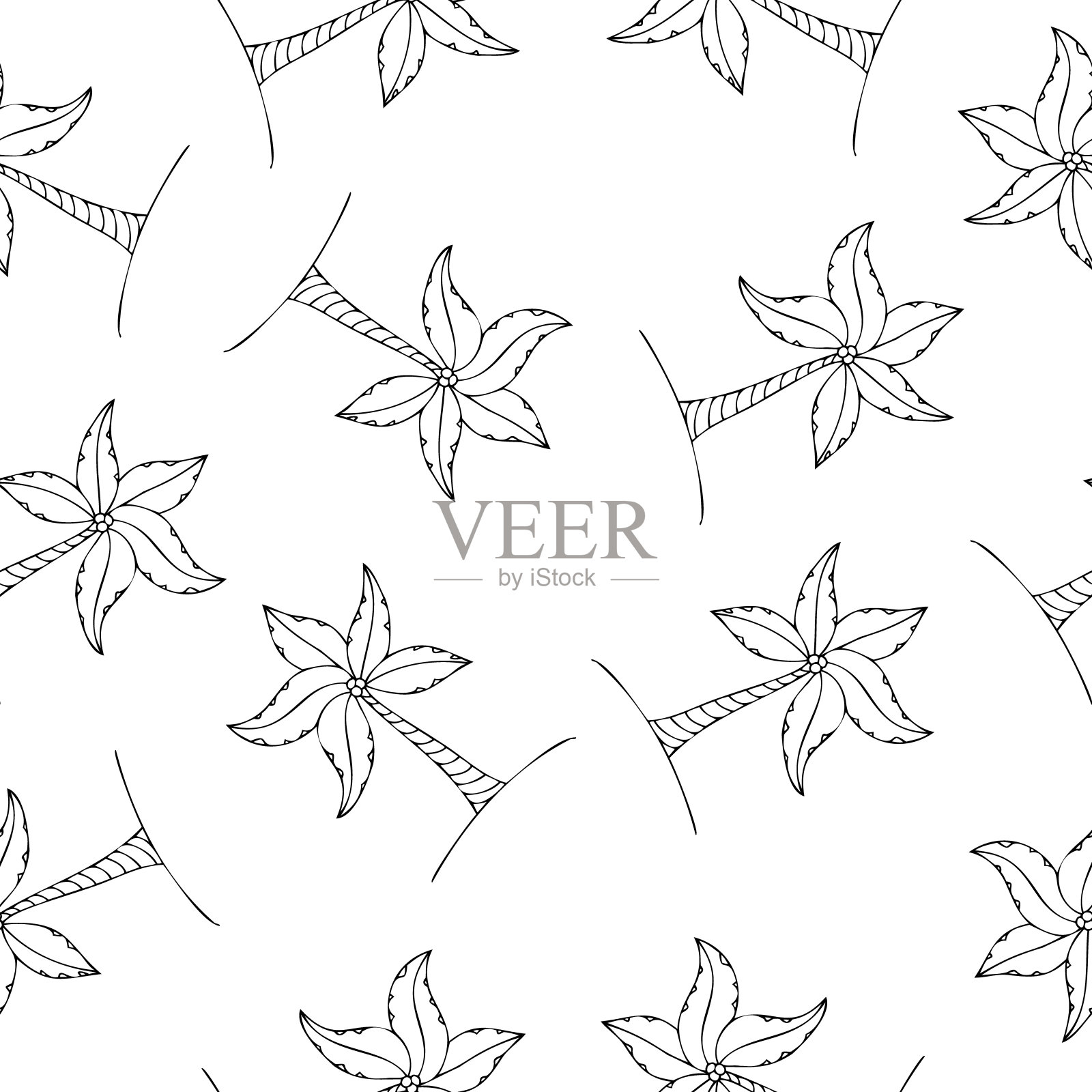 热带无缝重复图案与棕榈树剪影，热带矢量线艺术表面图案设计的织物，背景或包装项目，简单的异国情调的插图插画图片素材