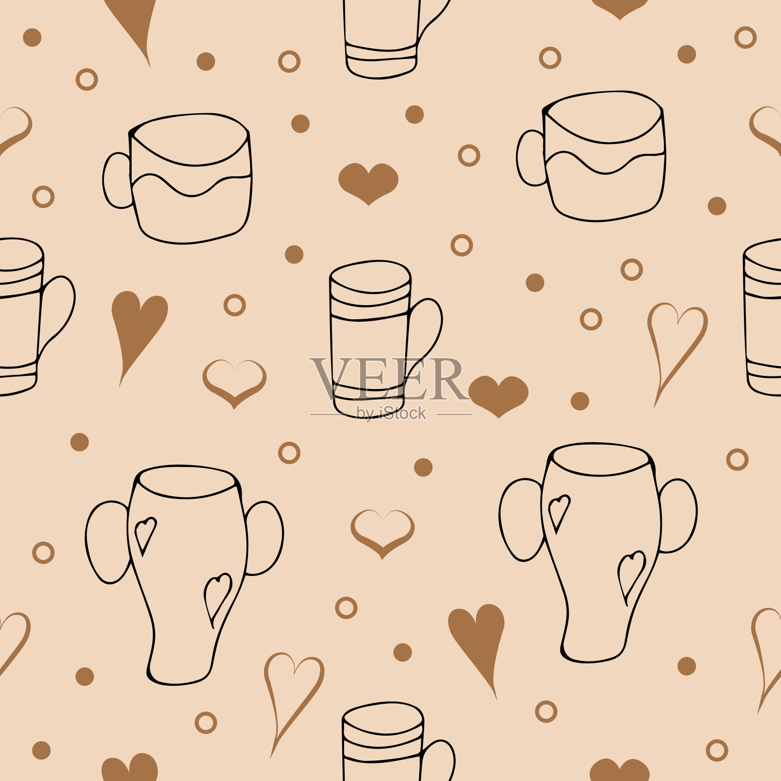 向量的背景。无缝图案与茶杯，茶杯的茶，咖啡，可可。设计元素图片