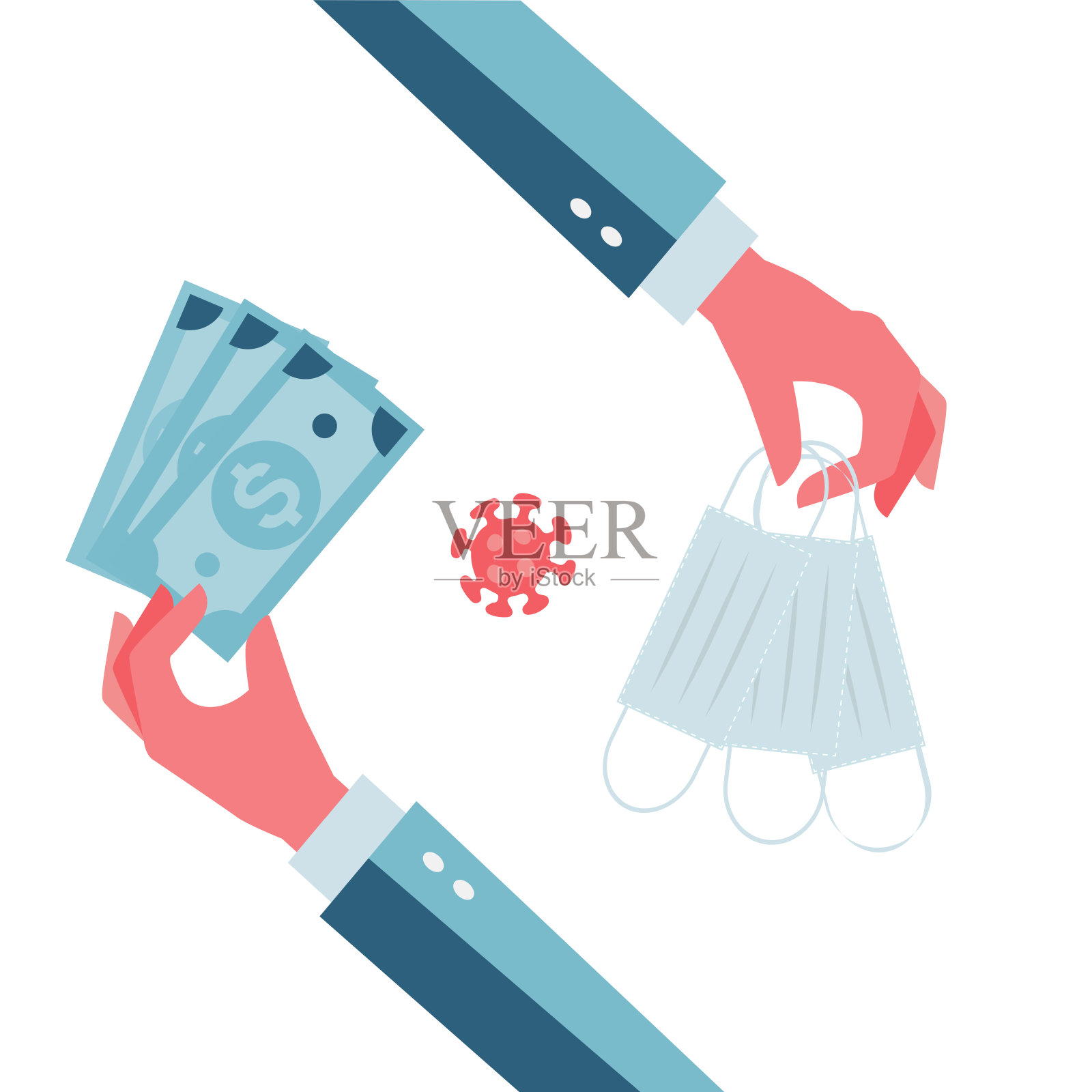 购买布质医用口罩，防尘，预防冠状病毒。COVID-19保护概念。男人手里拿着美钞。平面矢量设计插图插画图片素材