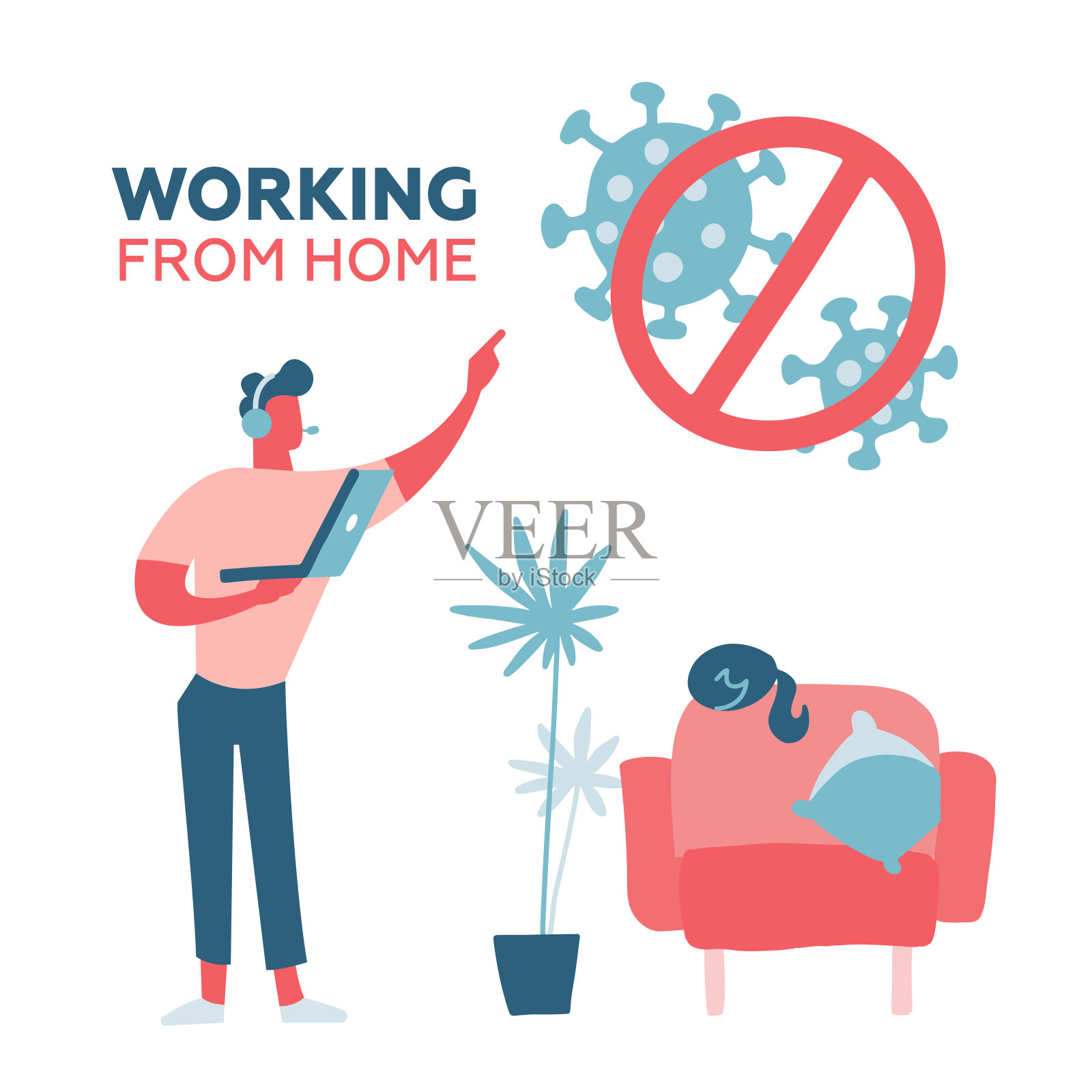 年轻英俊的男人在家工作。男性角色站着笔记本电脑，戴着耳机，旁边是扶手椅和猫。冠状病毒Self-quarantine概念。的COVID-19。向量向量插图插画图片素材