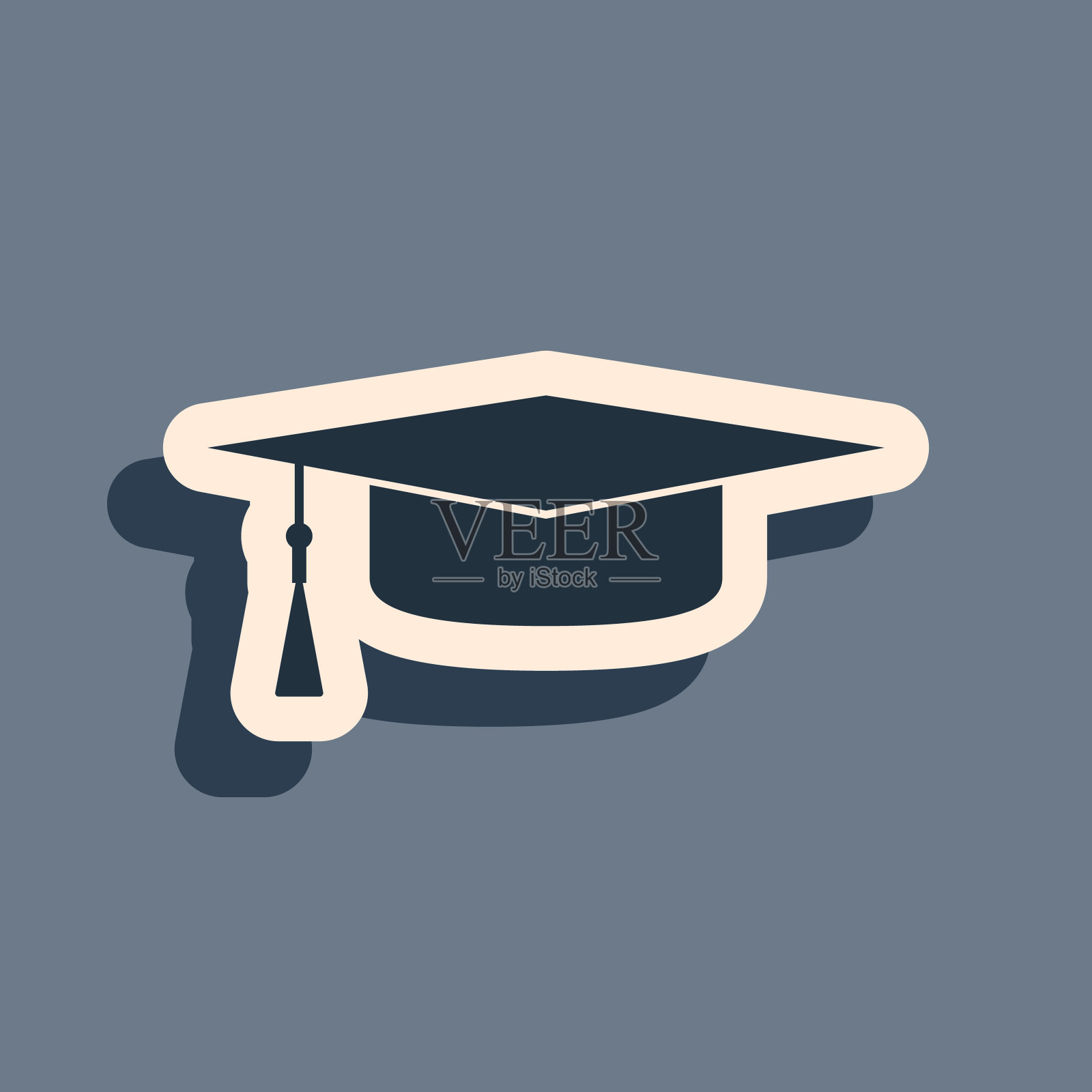 黑色毕业帽图标孤立在灰色背景。带流苏图标的毕业帽。长长的阴影风格。矢量图插画图片素材