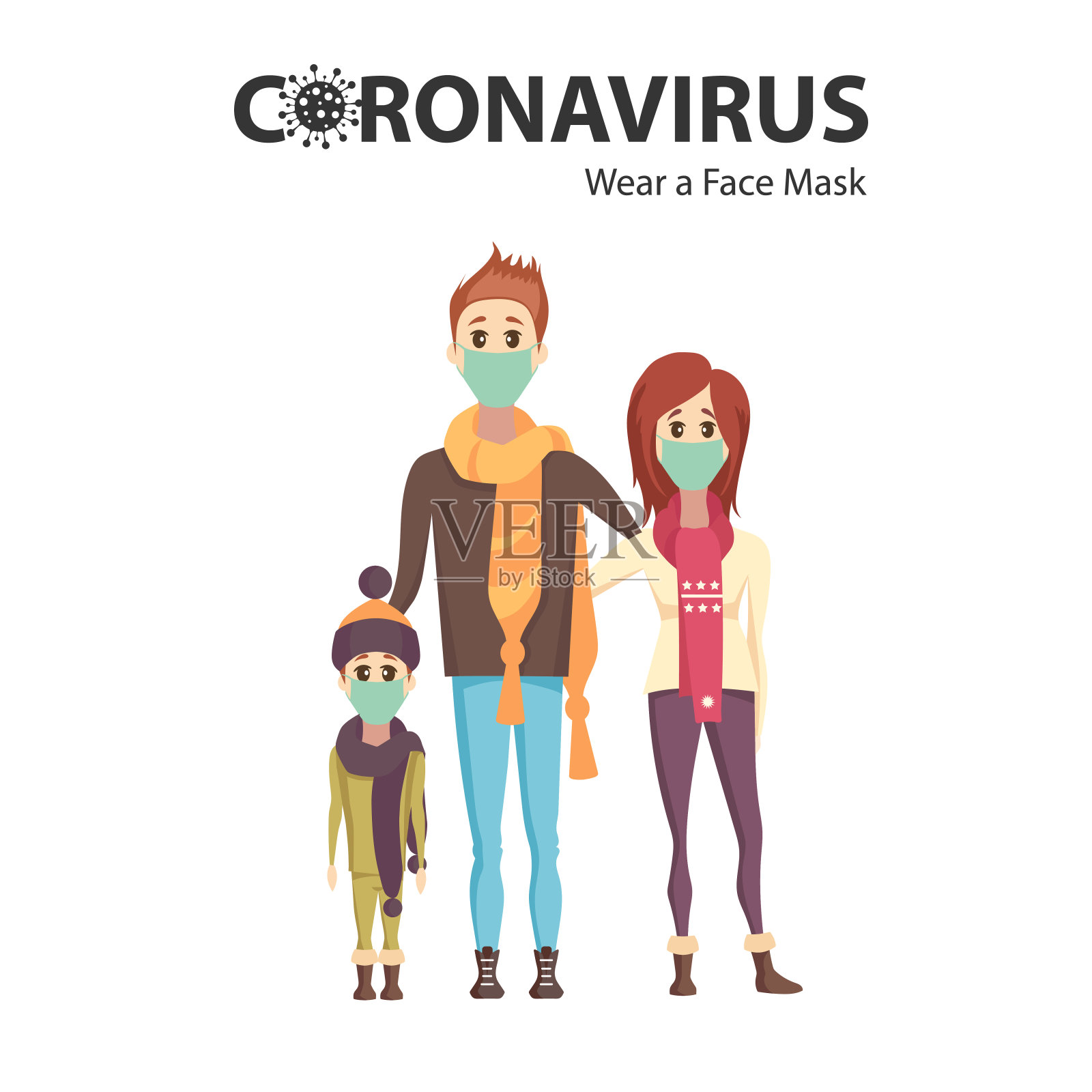 预防措施:戴口罩。家人戴着医用呼吸器佩戴口罩。无感染和停止冠状病毒概念矢量插图。插画图片素材