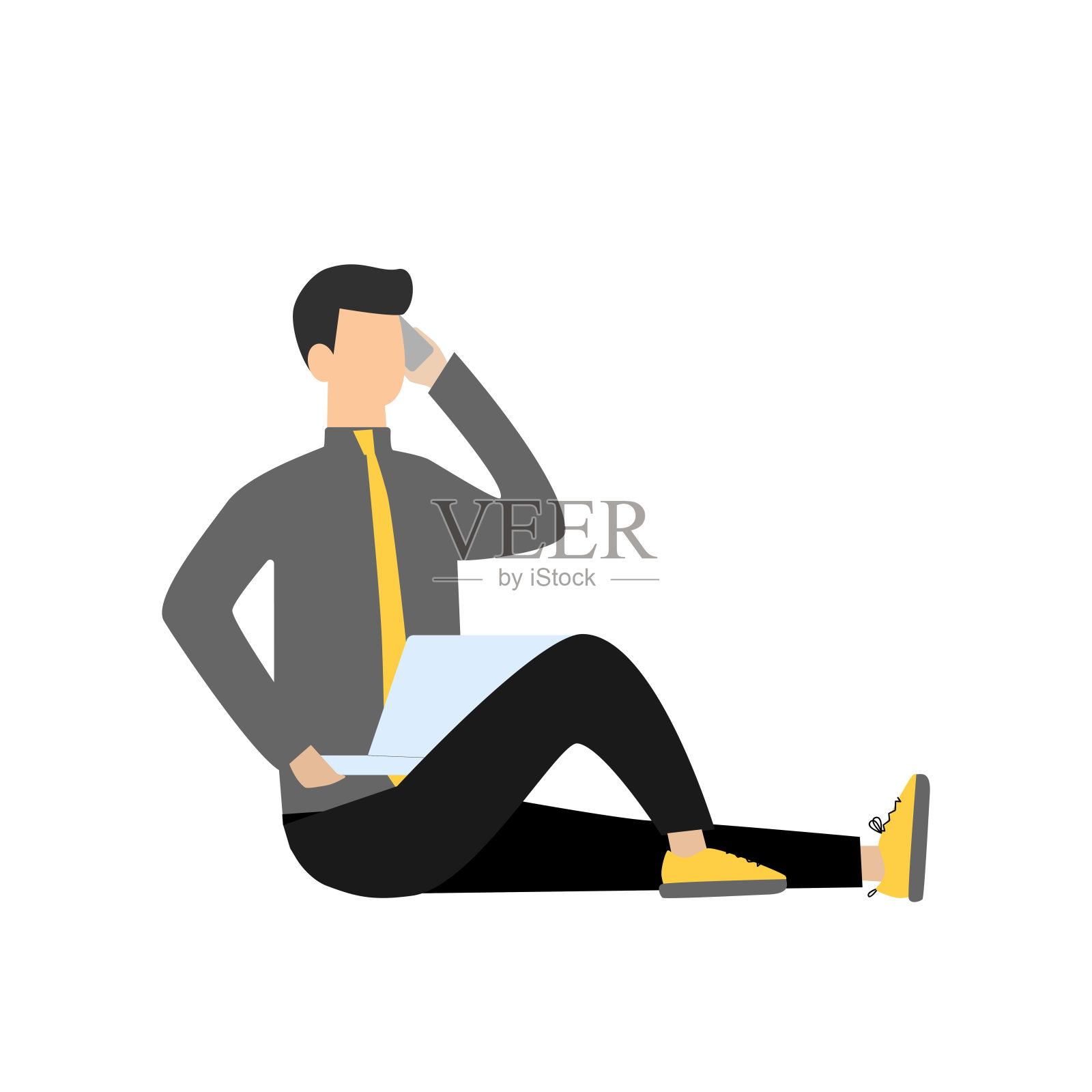 一个拿着笔记本和手机的男人。平面卡通人物孤立在白色背景。eps插画图片素材