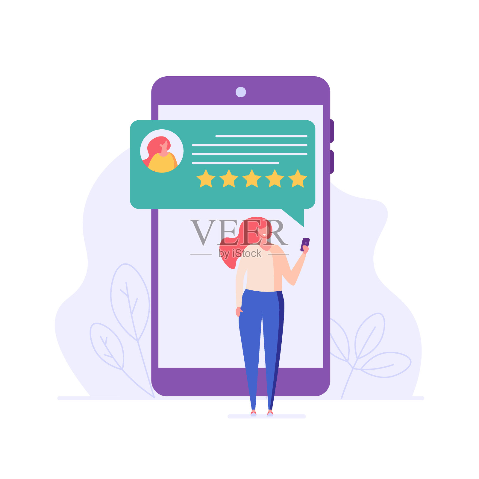 成功的女人会给出星级、客户评价或反馈。正面评论的概念，客户体验，好坏评级，泡沫演讲。矢量插图在平面设计的UI，网页横幅，移动应用程序插画图片素材