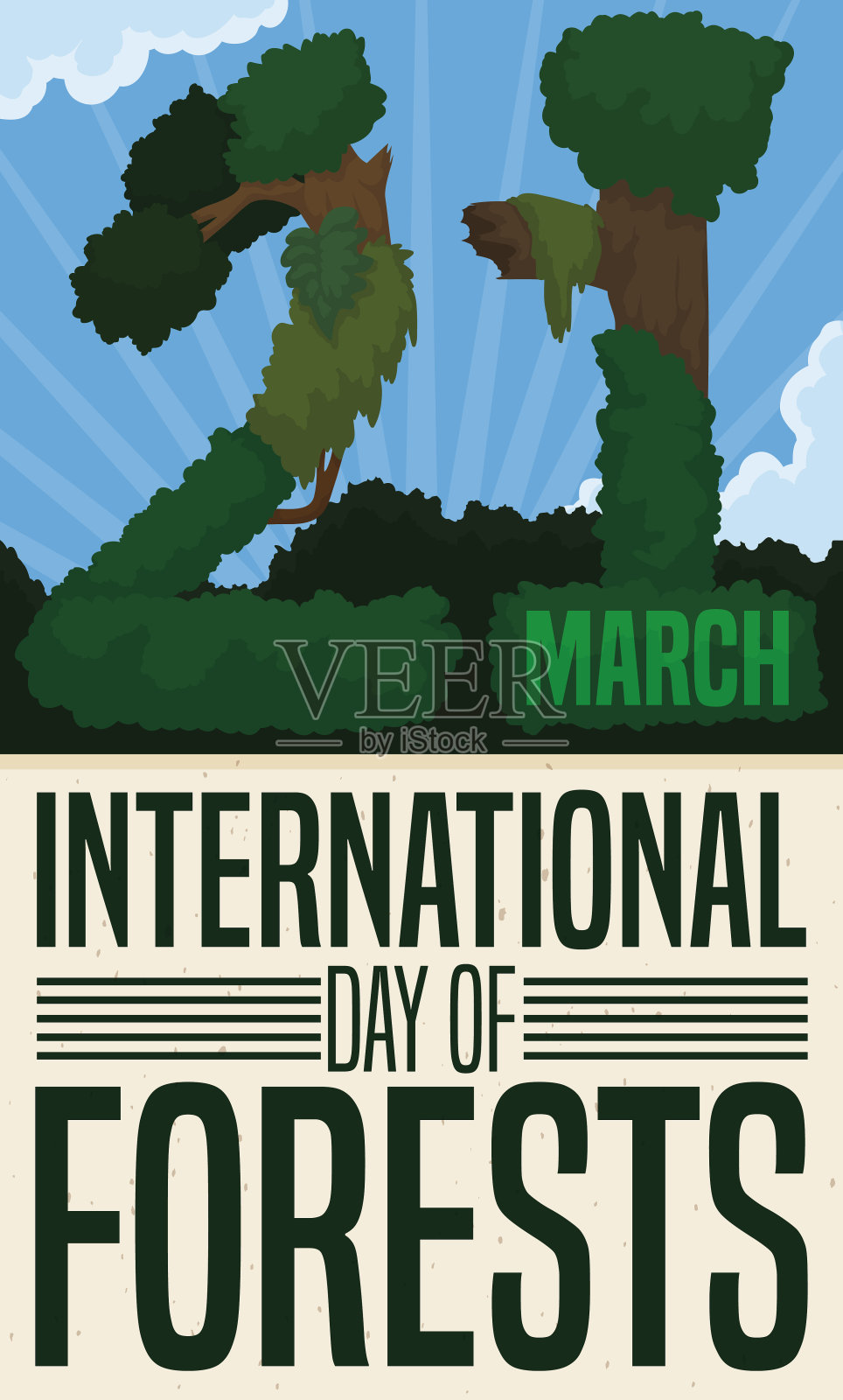 日期与树木和签署国际森林日插画图片素材