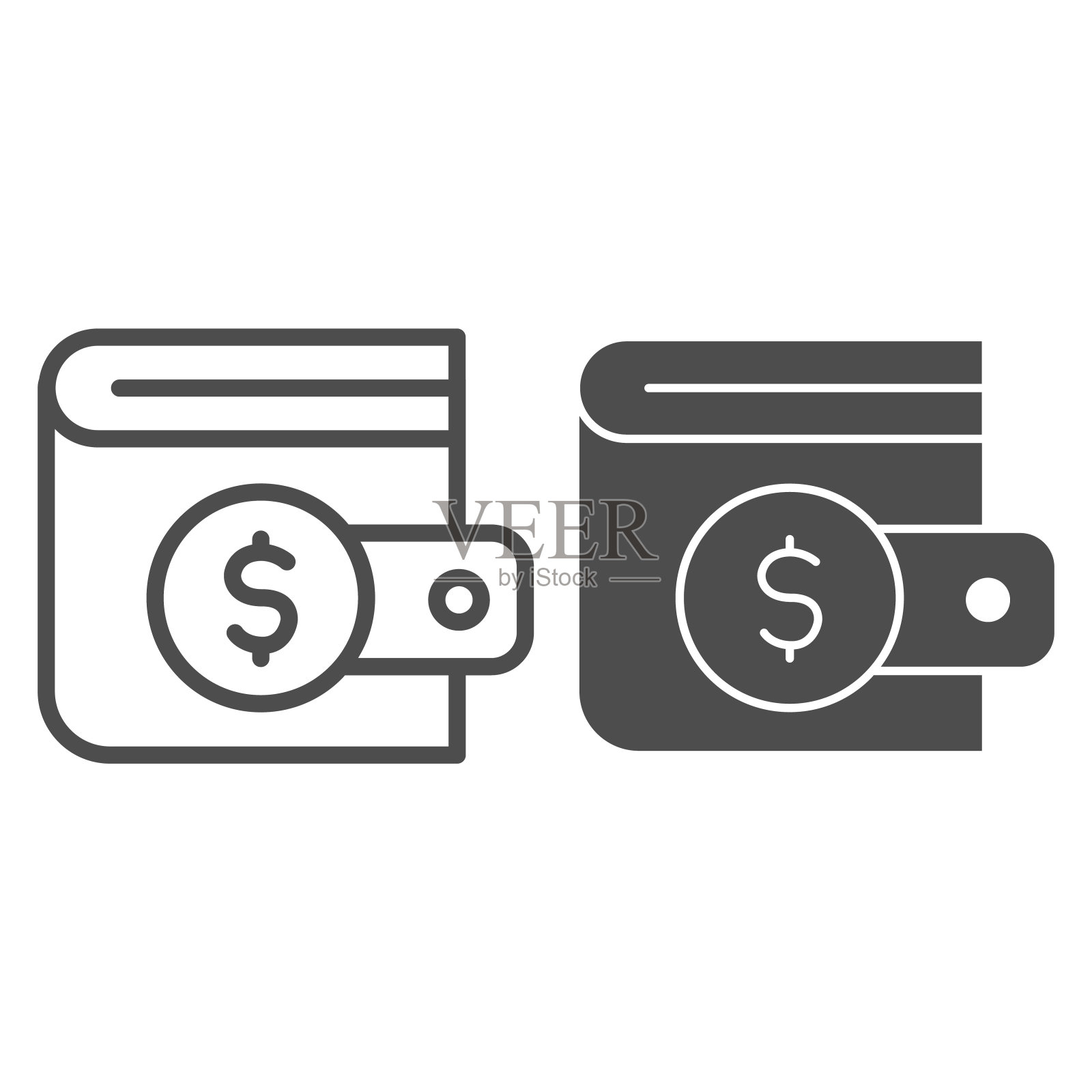 美元硬币钱包线和固体图标。金融储蓄，钱包为现金符号，轮廓风格象形文字上的白色背景。汇款标志的移动概念和网页设计。矢量图形。图标素材